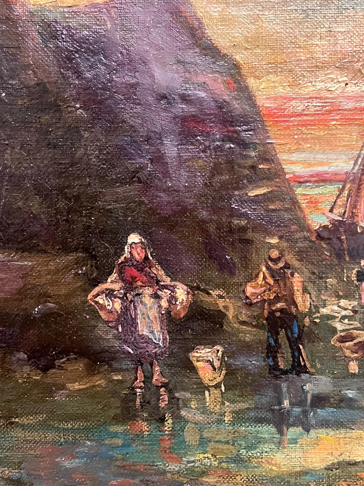 19th Century Signed French Oil Painting Fisherfolk on the Shore Sunset Sunrise For Sale 5