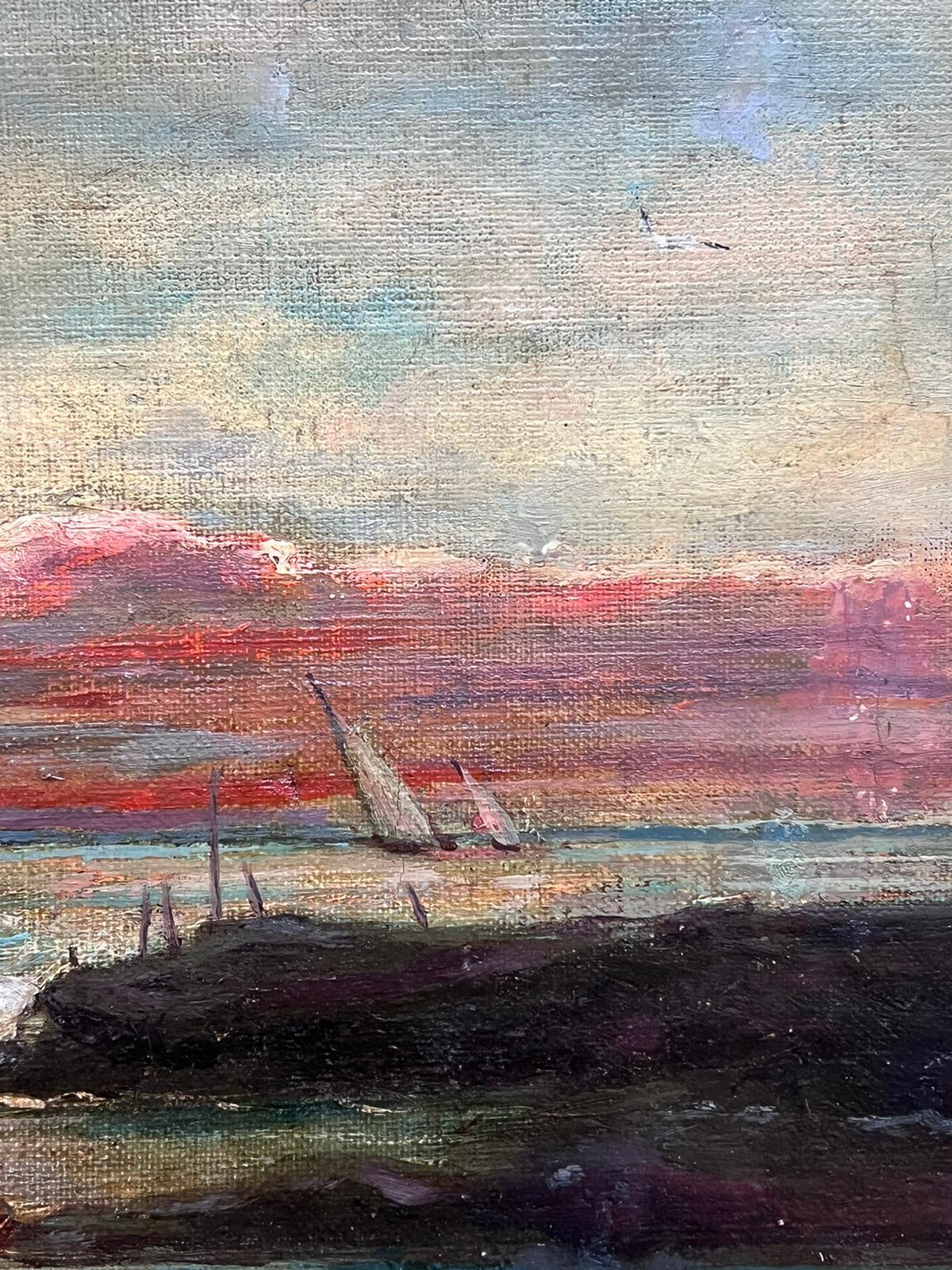 19th Century Signed French Oil Painting Fisherfolk on the Shore Sunset Sunrise For Sale 6