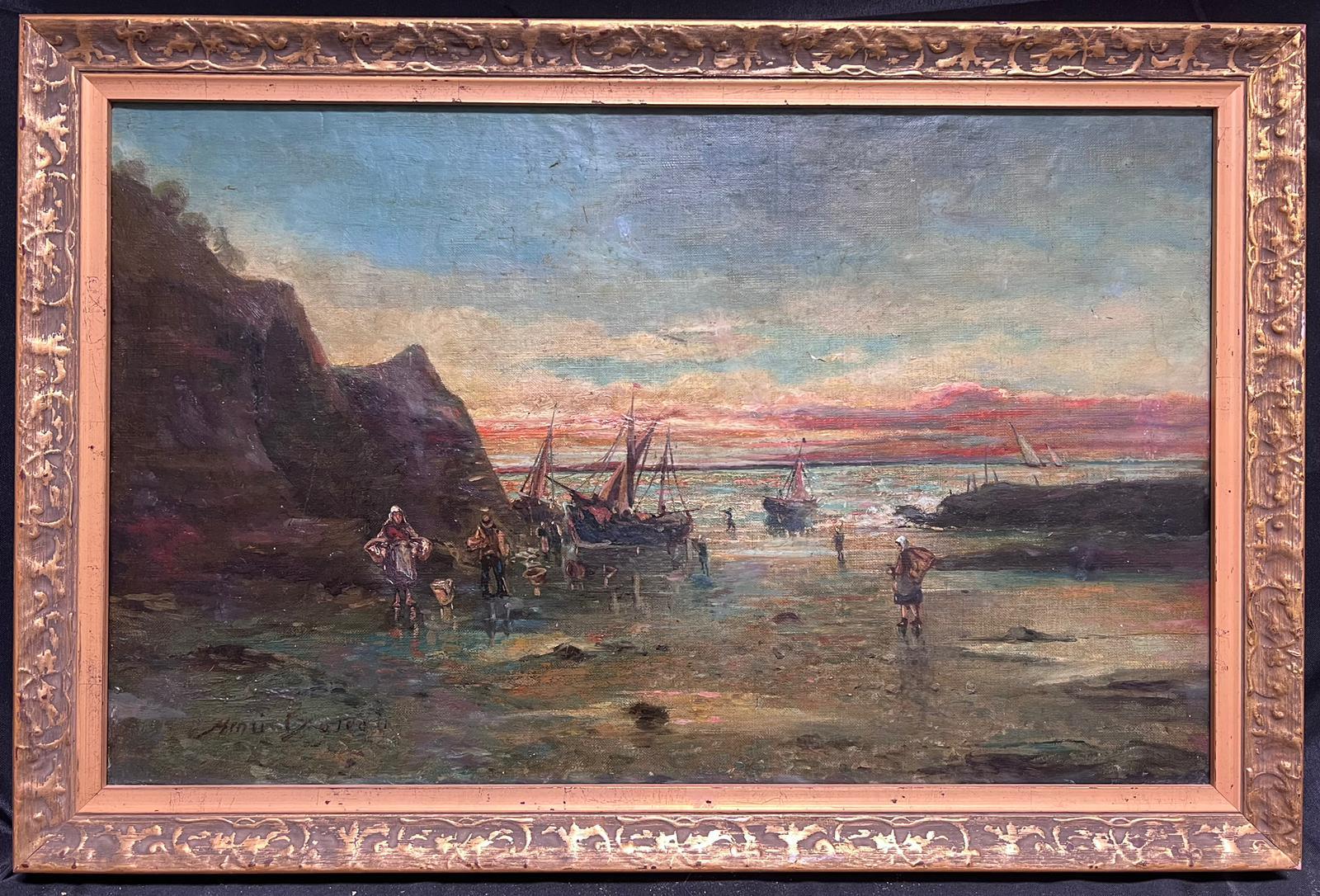 19th Century Signed French Oil Painting Fisherfolk on the Shore Sunset Sunrise