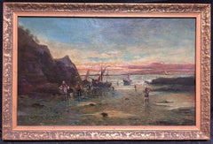 Peinture à l'huile française du 19ème siècle signée Fisherfolk on the Shore Sunset Sunrise