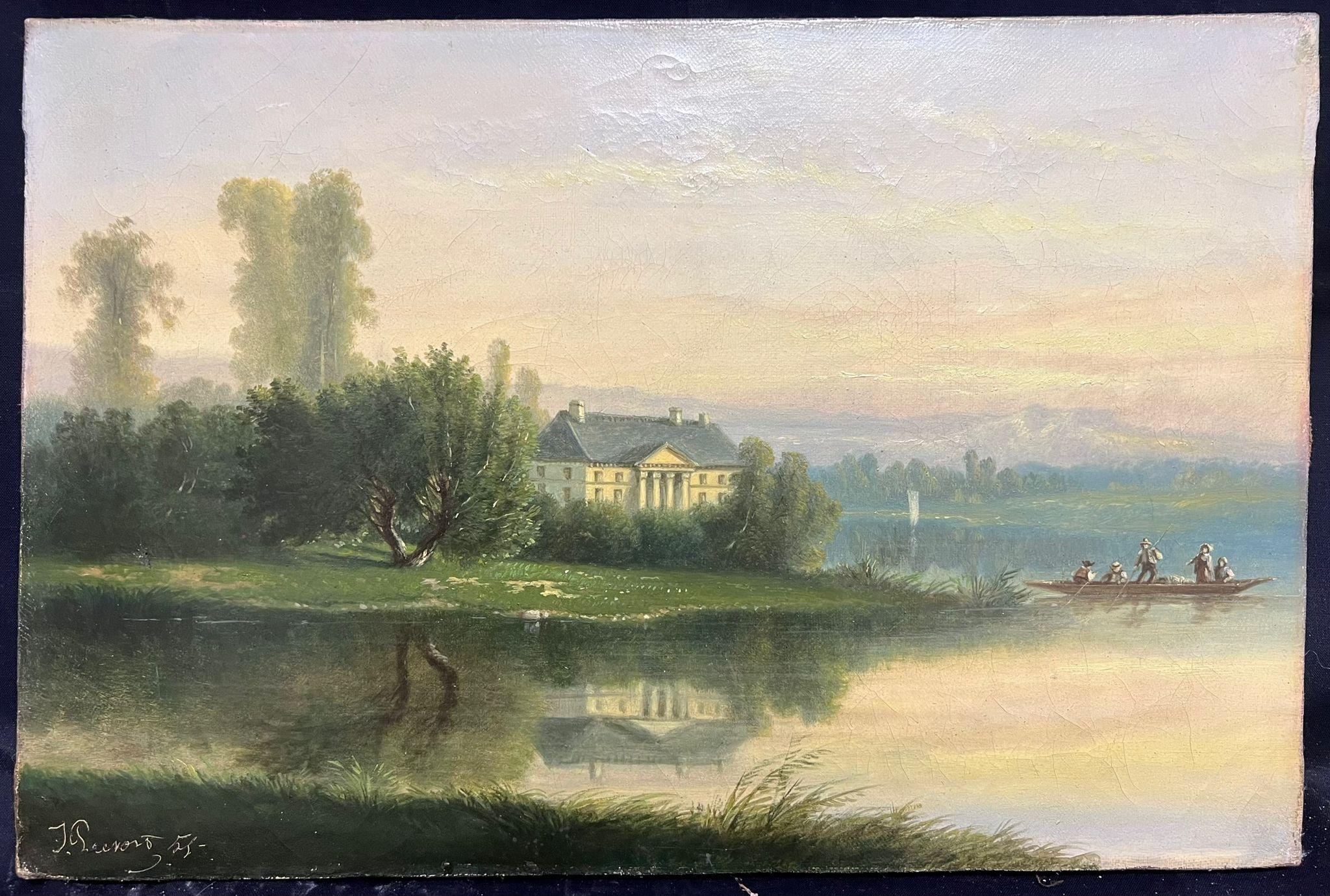 Óleo Francés Firmado Siglo XIX Finca Blanca Chateau Riverside con Navegantes - Painting de French School
