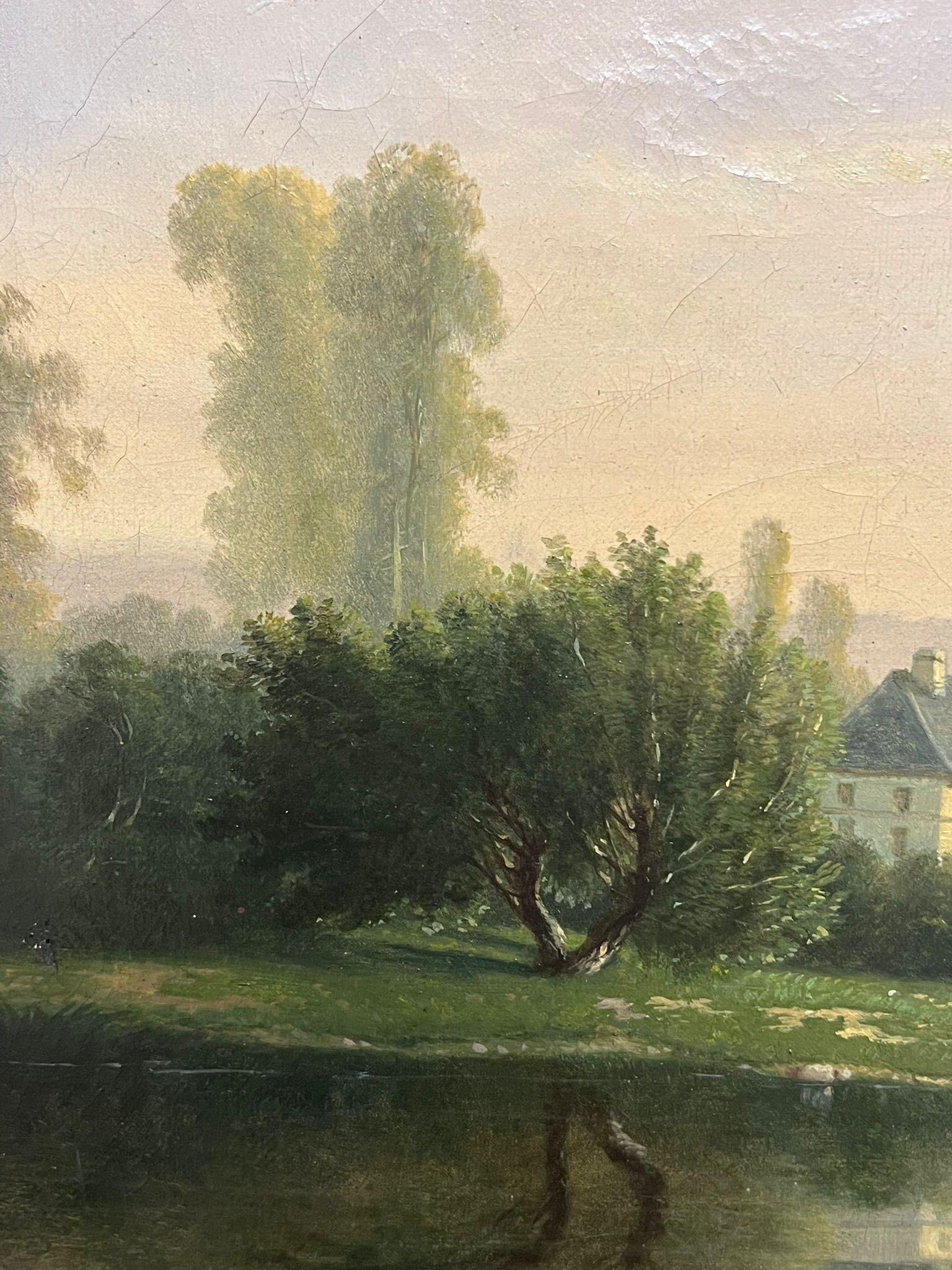Óleo Francés Firmado Siglo XIX Finca Blanca Chateau Riverside con Navegantes - Painting Escuela francesa de French School