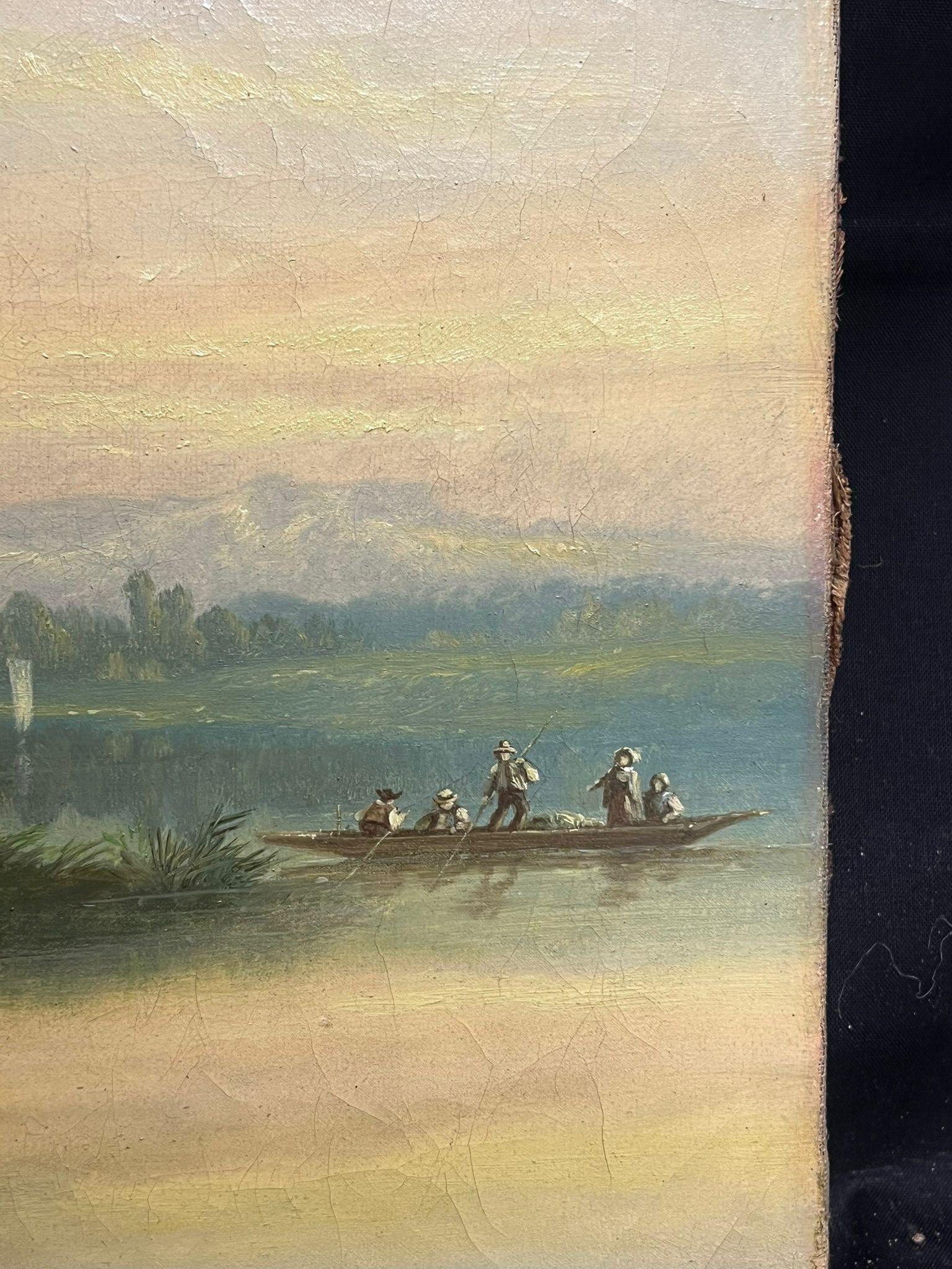 Óleo Francés Firmado Siglo XIX Finca Blanca Chateau Riverside con Navegantes - Landscape Painting Blanco de French School