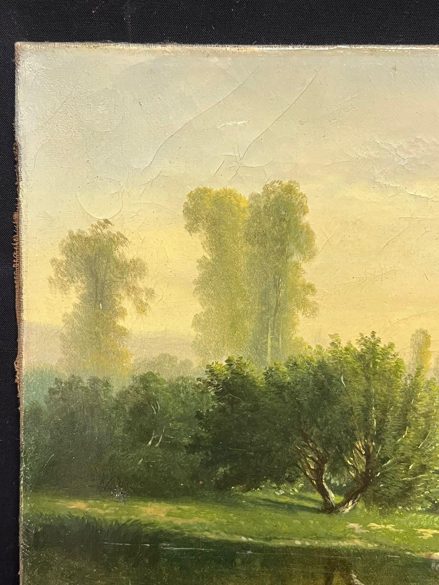 Castillo de Riverside
Firmado por el artista, francés circa 1855
Óleo sobre lienzo, sin enmarcar
Lienzo: 10,5 x 16 pulgadas
Estado:  El cuadro está en muy buen estado, con colores bien conservados y mínimos signos de envejecimiento. Presenta algunos