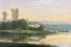 Tenuta di Chateau Riverside bianca del XIX secolo con marinai firmata a olio francese