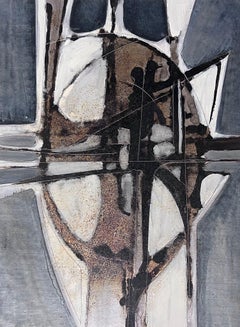 Peinture abstraite française du 20ème siècle, composition noire, blanche et grise