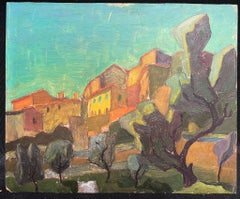 20th Century French Cubist Oil Painting Sun Scorched Provencal Village Rocks