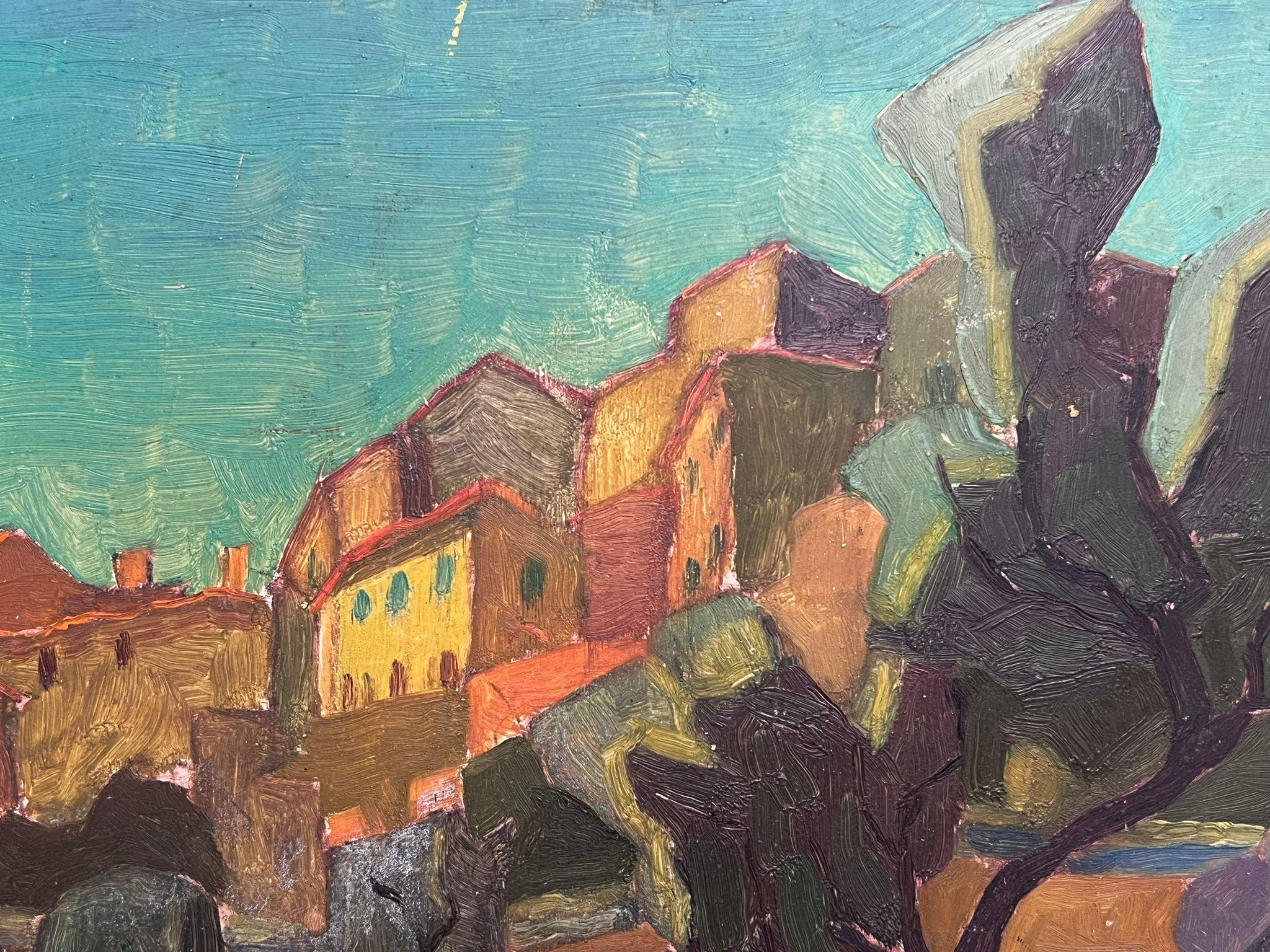 20th Century French Cubist Oil Painting Sun Scorched Provencal Village Rocks For Sale 1