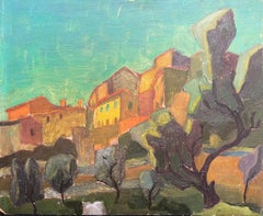 Peinture à l'huile cubiste française du 20e siècle Village provençal rochers brûlés par le soleil