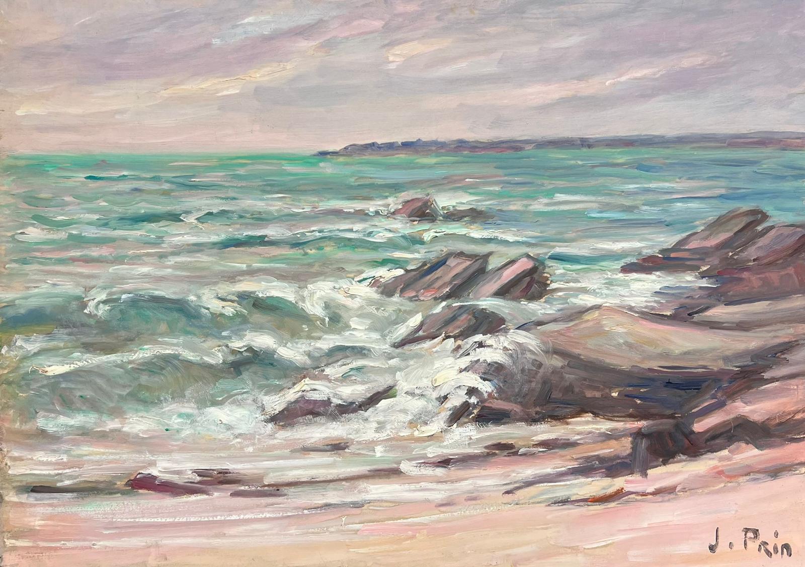 French School Landscape Painting - 20th Century French Impressionist Signed Oil Painting Crashing Waves French Sea