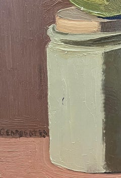 20th Century French Modernist Oil Painting Apple Perched on Jar Lid