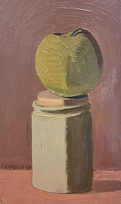 Peinture à l'huile moderniste française du 20e siècle Pomme perchée sur le couvercle d'une jarre