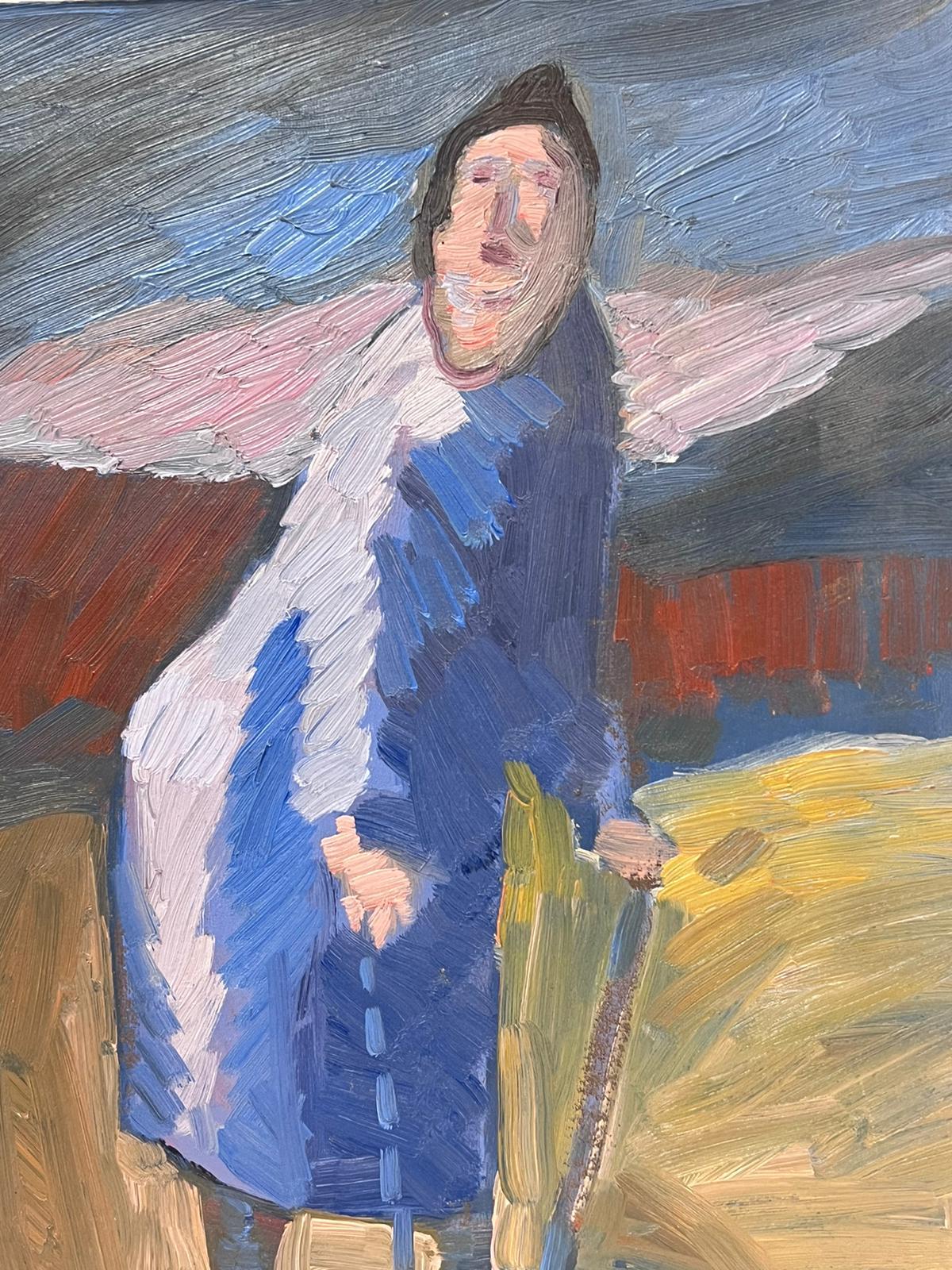 20th Century French Modernist Oil Painting Elderly Lady Walking with Sticks For Sale 1