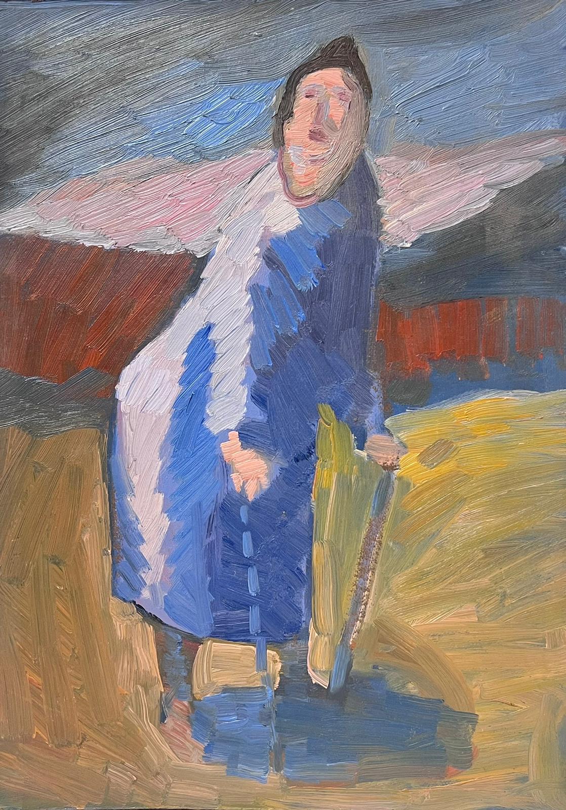 French School Figurative Painting - 20th Century French Modernist Oil Painting Elderly Lady Walking with Sticks