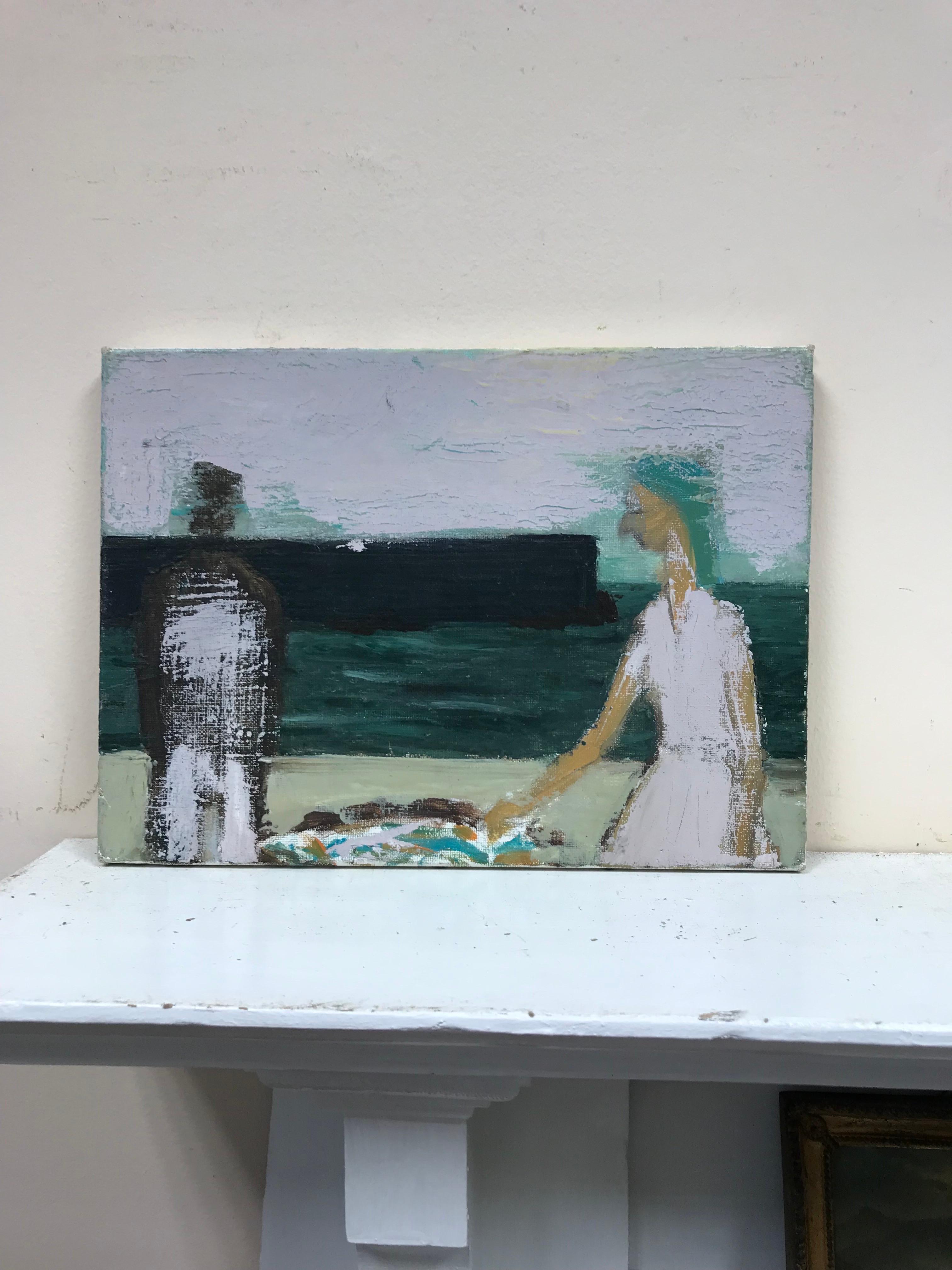 20th Century French Modernist Oil Two Figures on Beach with Sea & Jetty - Painting by French School