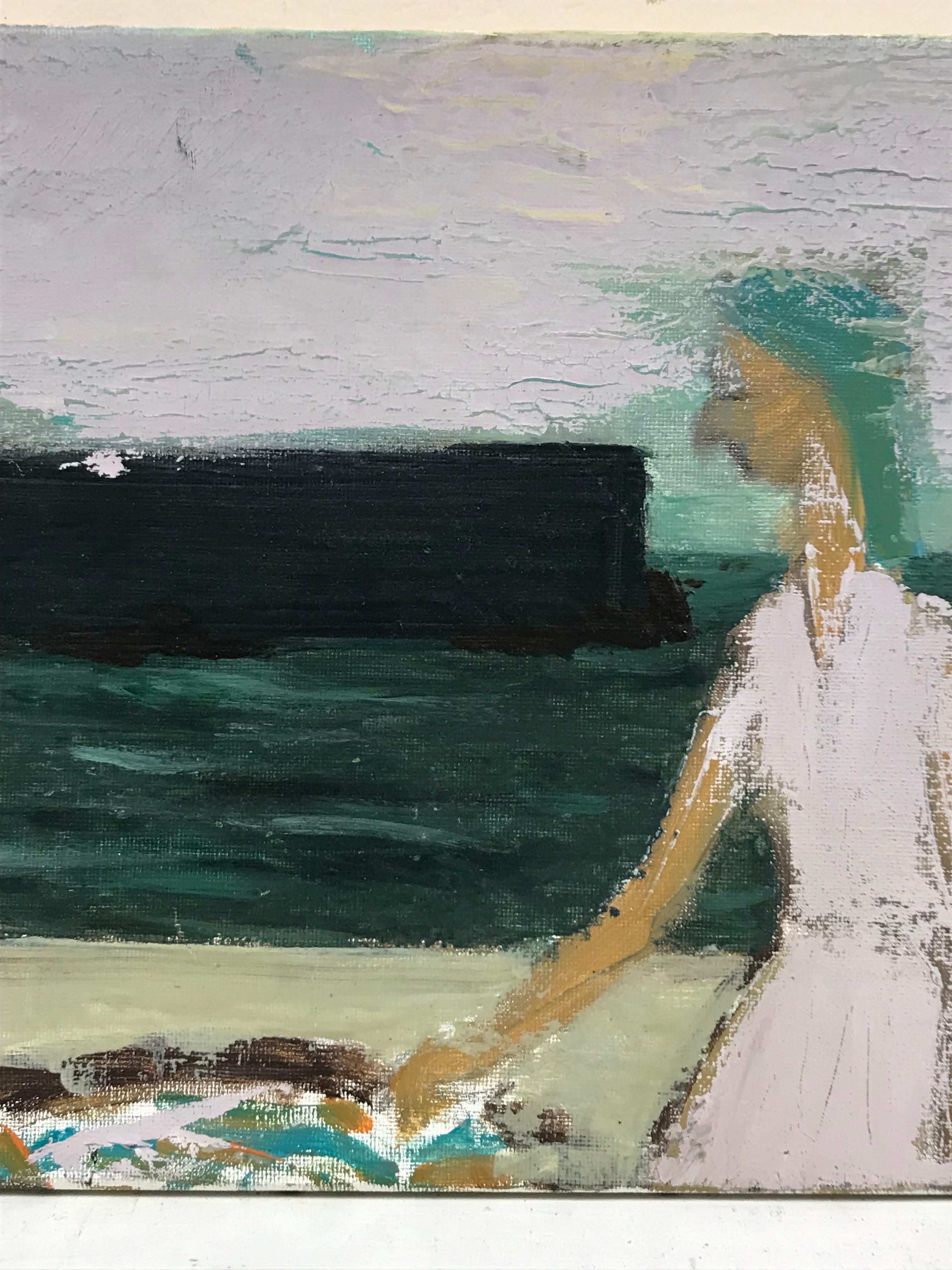 20th Century French Modernist Oil Two Figures on Beach with Sea & Jetty - Impressionist Painting by French School