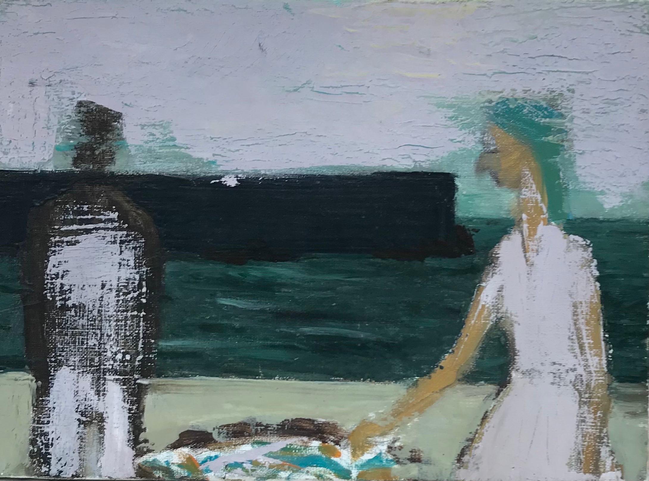 Figurative Painting di French School - Olio modernista francese del XX secolo Due figure sulla spiaggia con mare e molo