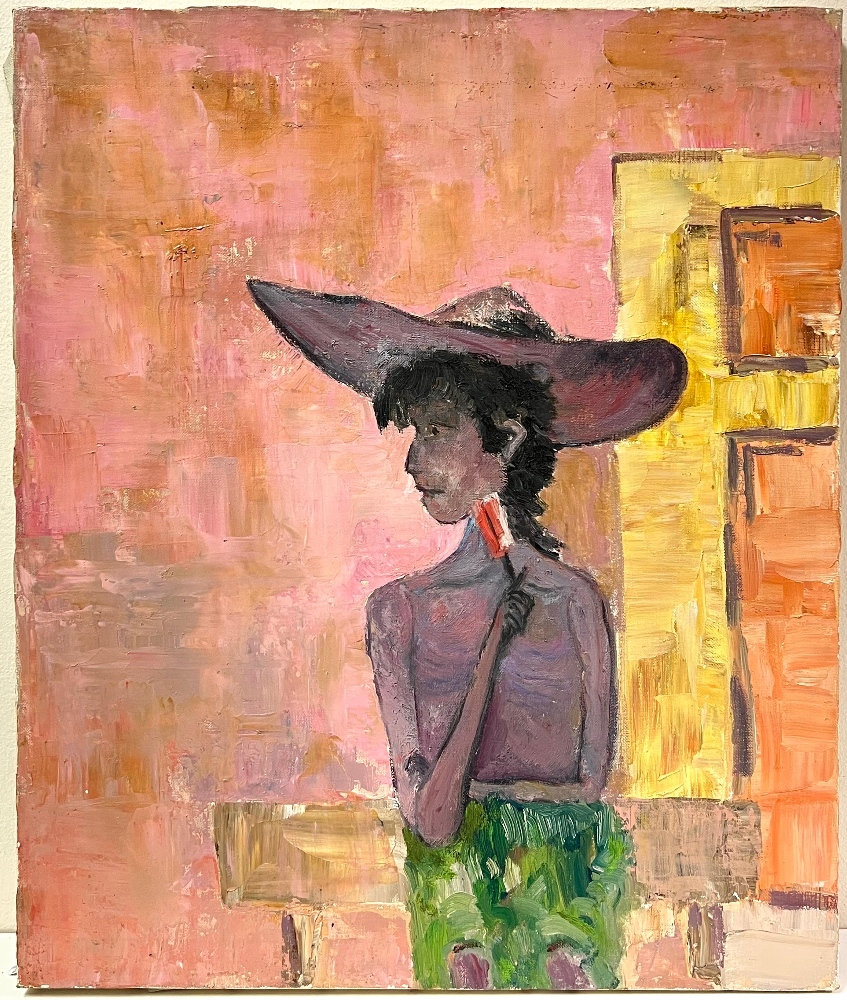 Ritratto modernista francese del 20° secolo di una donna con cappello a tesa larga - Painting di French School