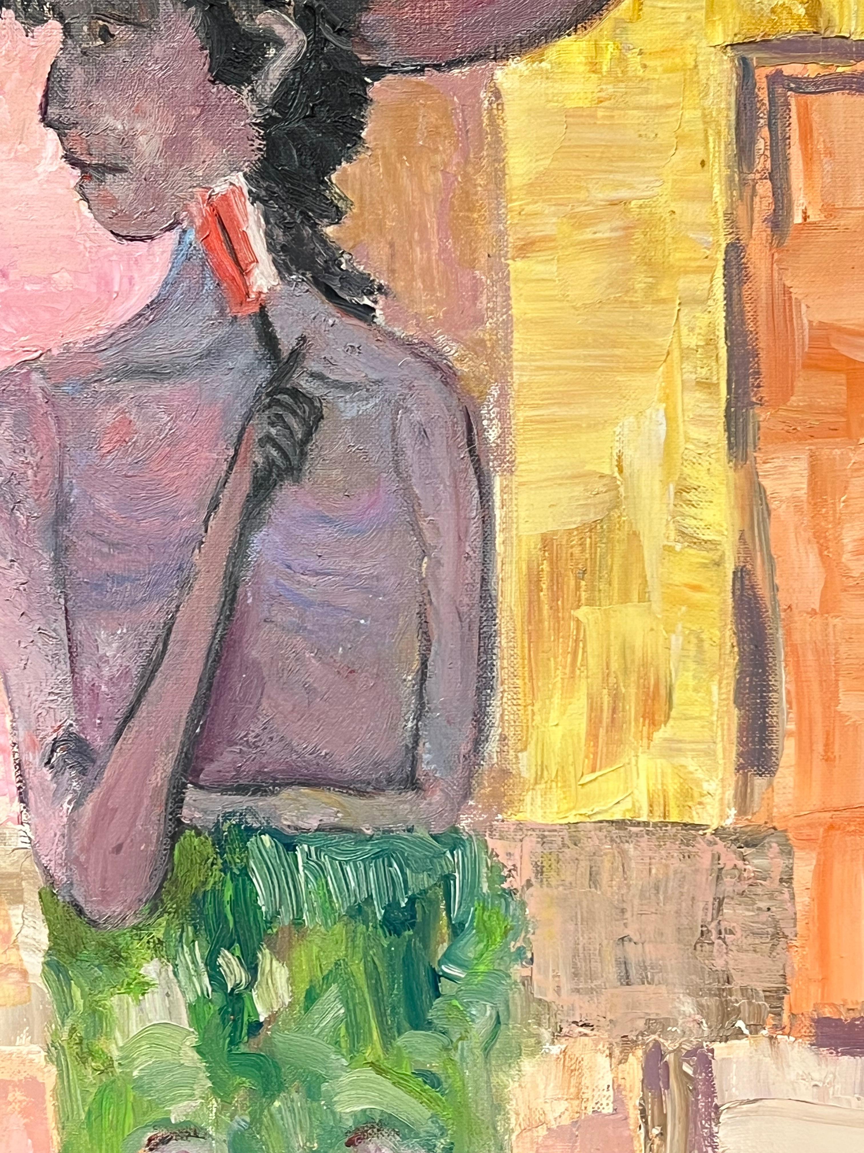 Ritratto modernista francese del 20° secolo di una donna con cappello a tesa larga - Figurative Painting Beige di French School