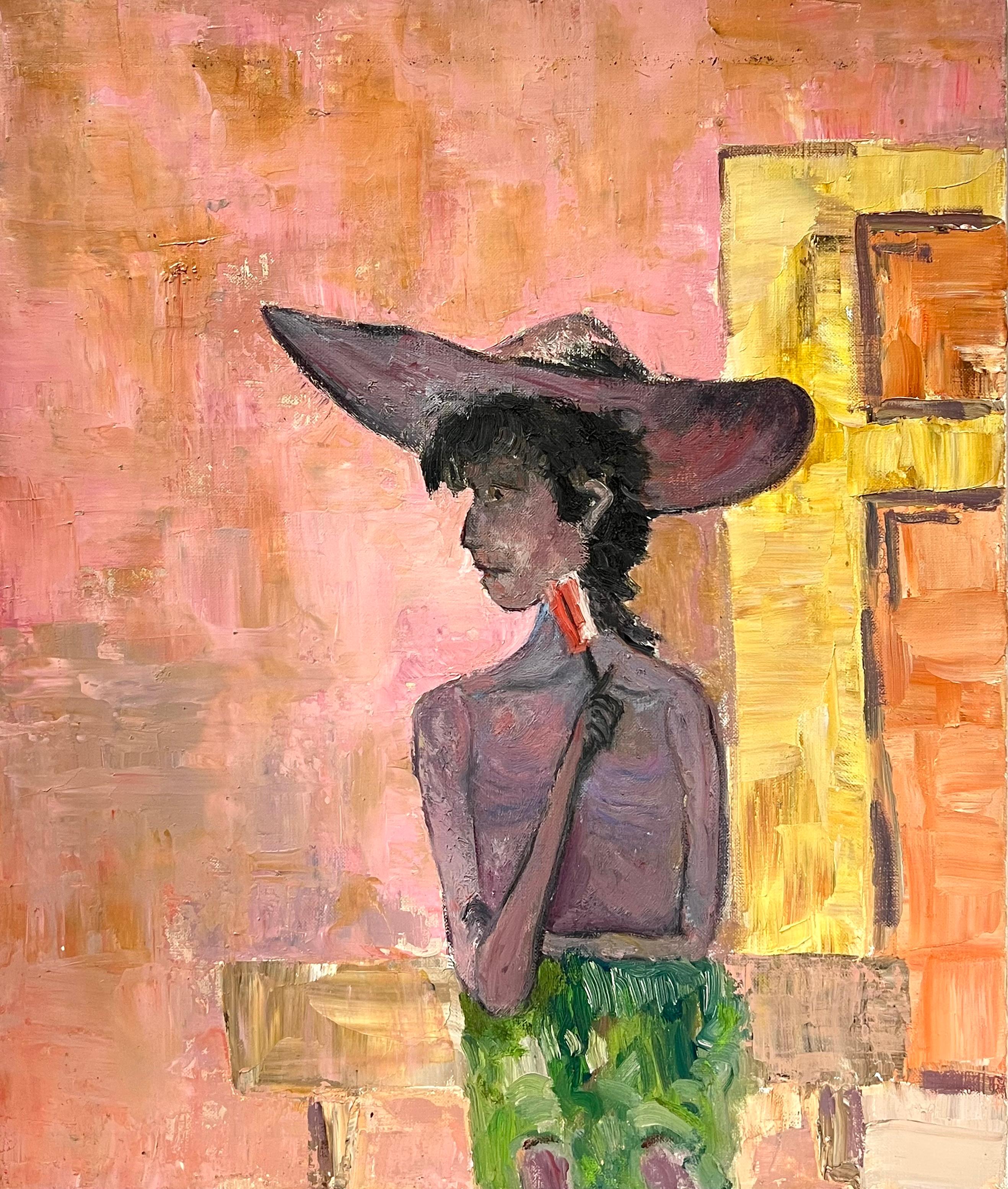 Figurative Painting di French School - Ritratto modernista francese del 20° secolo di una donna con cappello a tesa larga