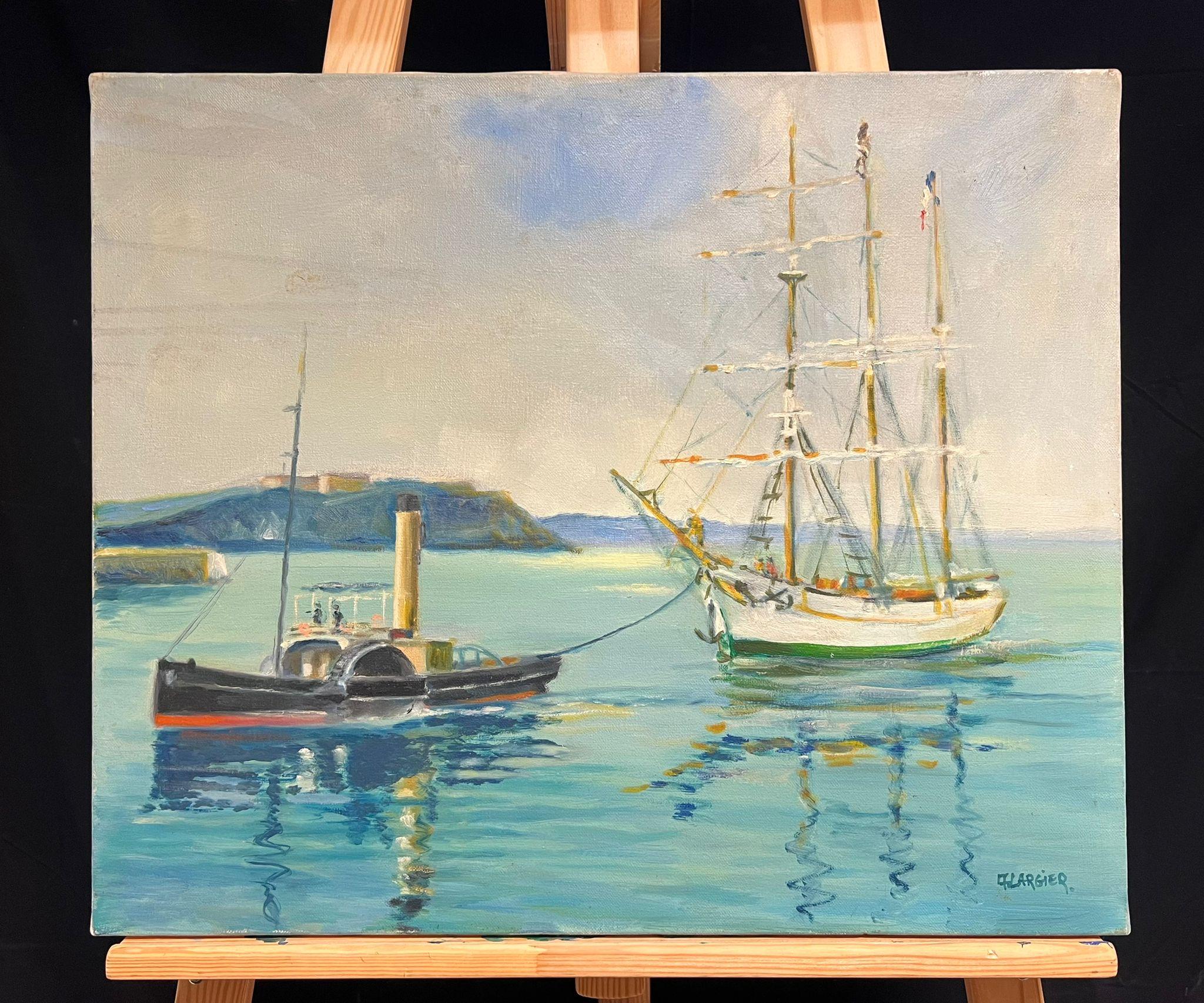 20th Century French Oil Blue Maritime Scene of Steamship and Classic Yacht - Painting by French School