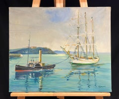 20th Century French Oil Blue Maritime Scene of Steamship and Classic Yacht