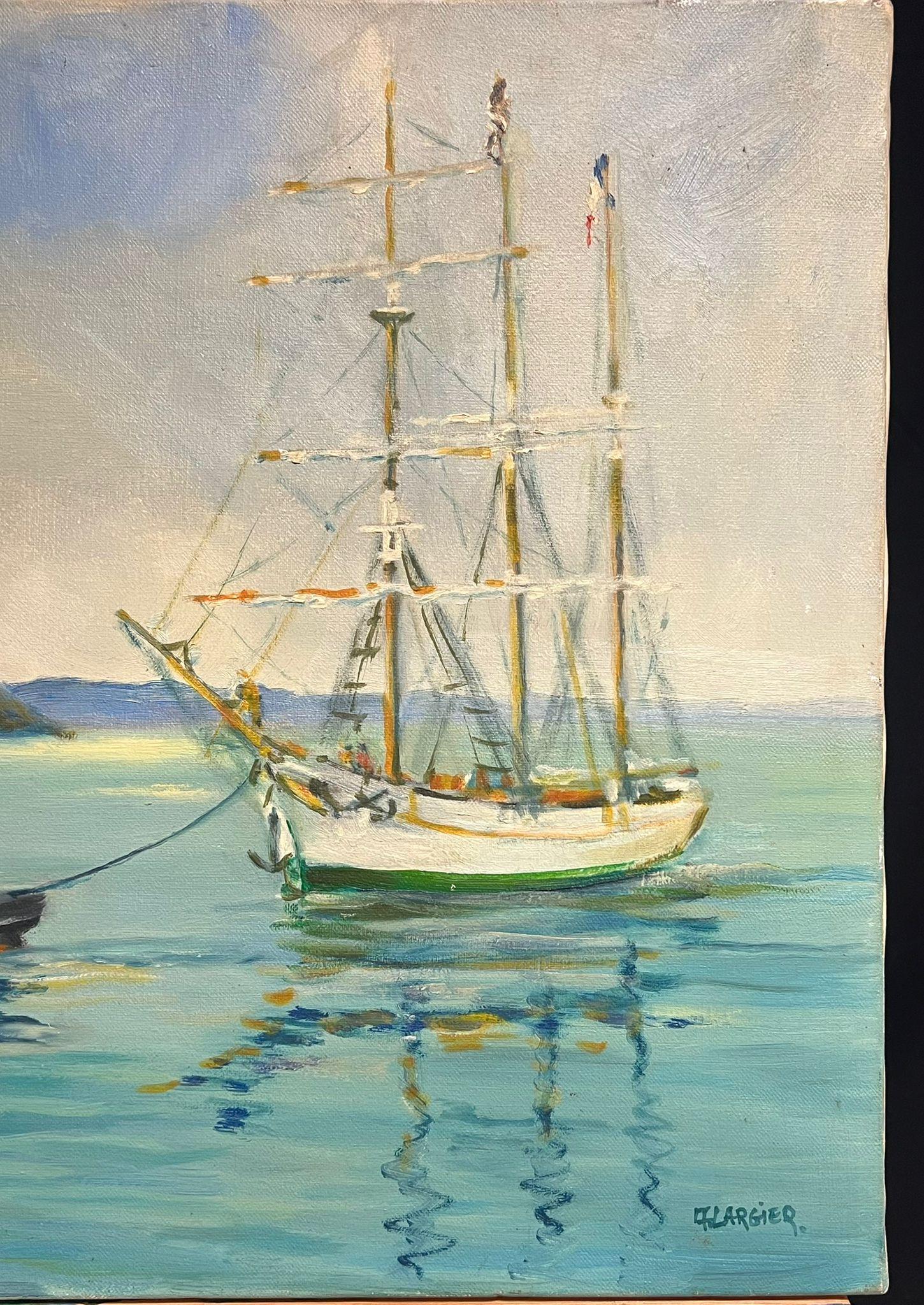 20th Century French Oil Blue Maritime Scene of Steamship and Classic Yacht - Impressionist Painting by French School