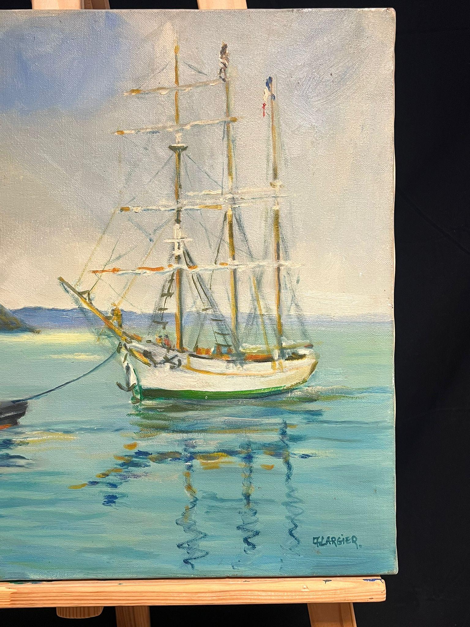 20th Century French Oil Blue Maritime Scene of Steamship and Classic Yacht - Gray Landscape Painting by French School