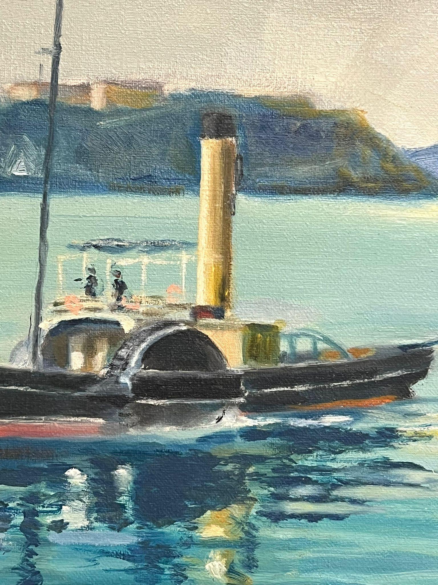 Maritime Scene of Steamship
French School, signed, circa 1970's
signed oil on canvas, unframed
Canvas: 18 x 21.5 inches
Provenance: private collection, France
Condition: very good condition 

Description:
This captivating maritime oil painting by