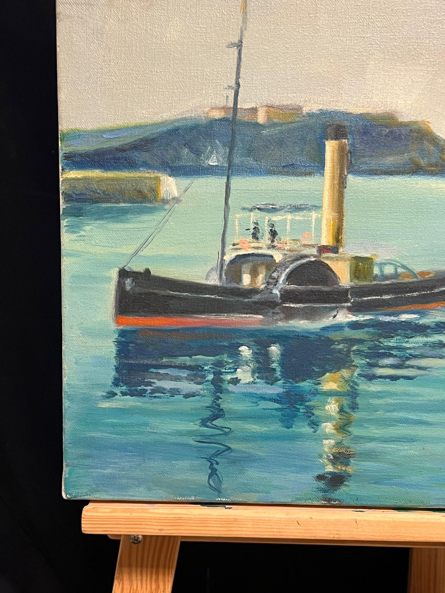 20th Century French Oil Blue Maritime Scene of Steamship and Classic Yacht For Sale 2