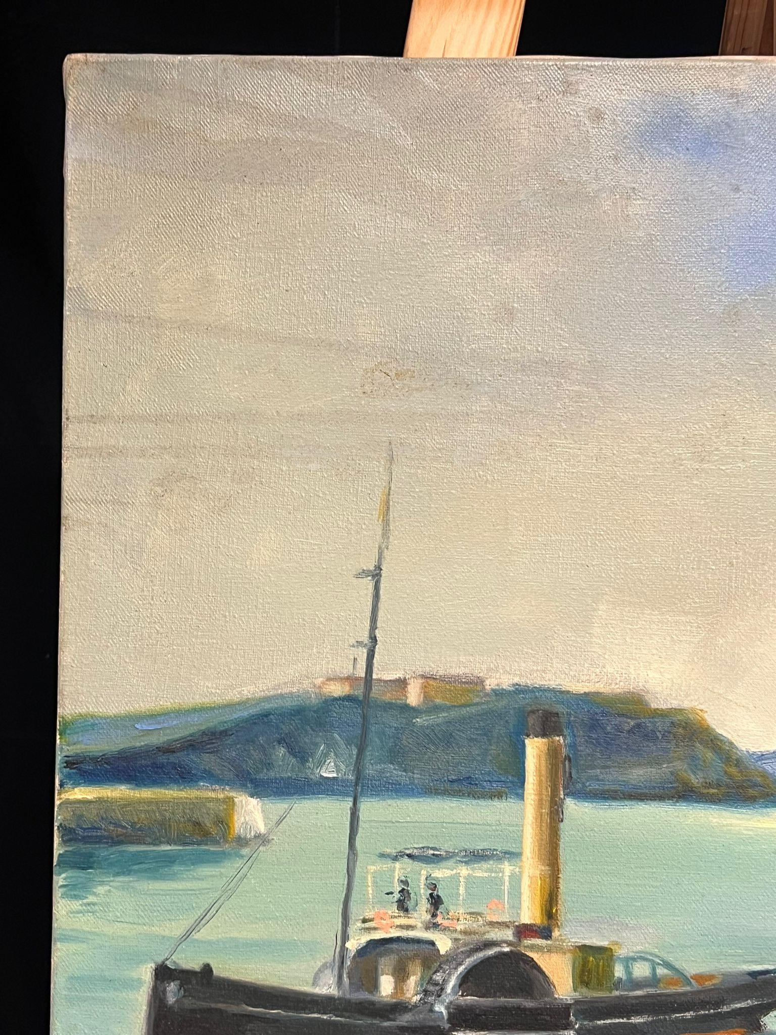 20th Century French Oil Blue Maritime Scene of Steamship and Classic Yacht For Sale 3
