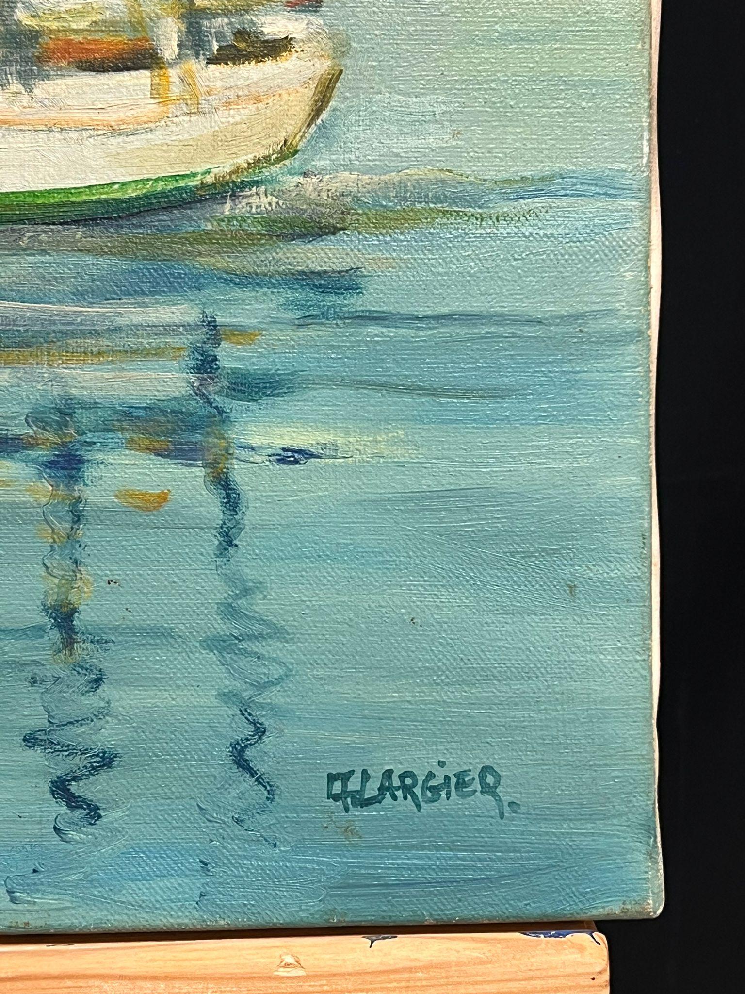 20th Century French Oil Blue Maritime Scene of Steamship and Classic Yacht For Sale 4
