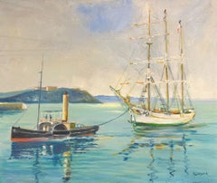 20th Century French Oil Blue Maritime Scene of Steamship and Classic Yacht