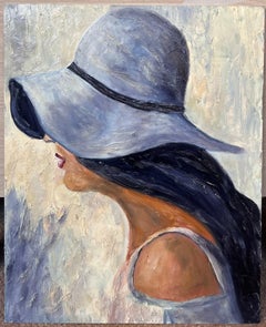 20th Century French Oil Painting Profile Portrait Lady in Lilac Hat