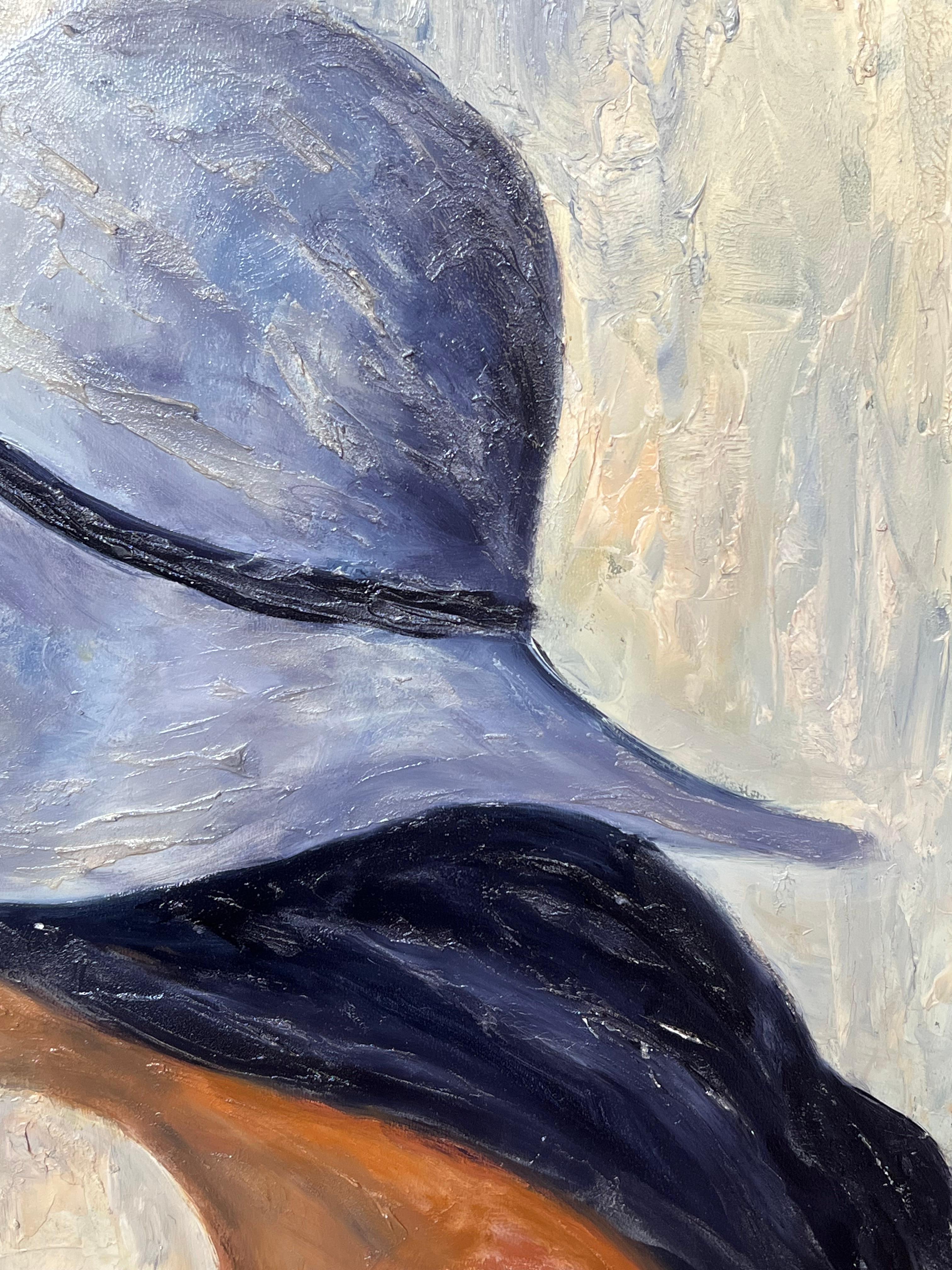 Peinture à l'huile française du 20e siècle Portrait de profil Dame au chapeau lilas en vente 1