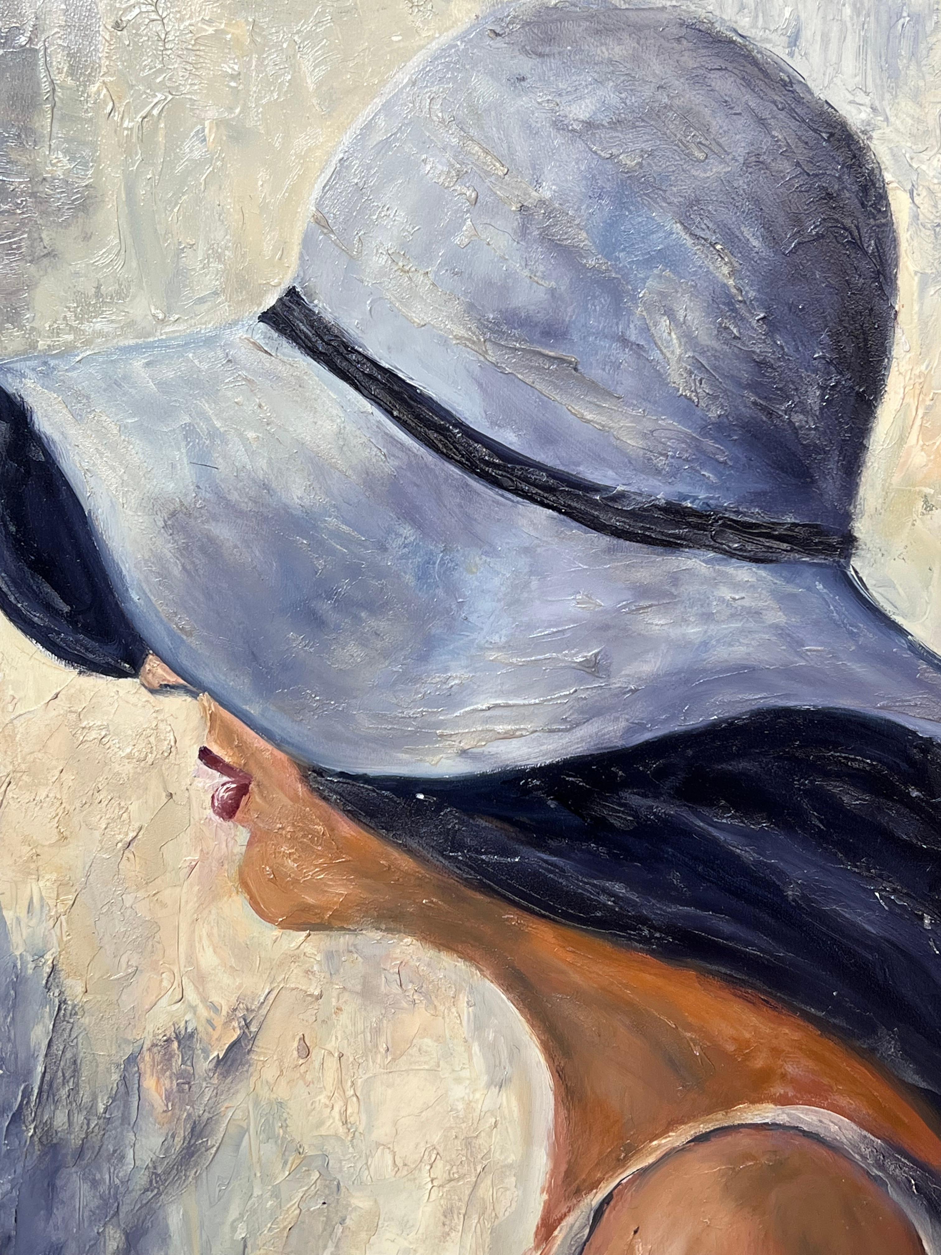 Peinture à l'huile française du 20e siècle Portrait de profil Dame au chapeau lilas en vente 2