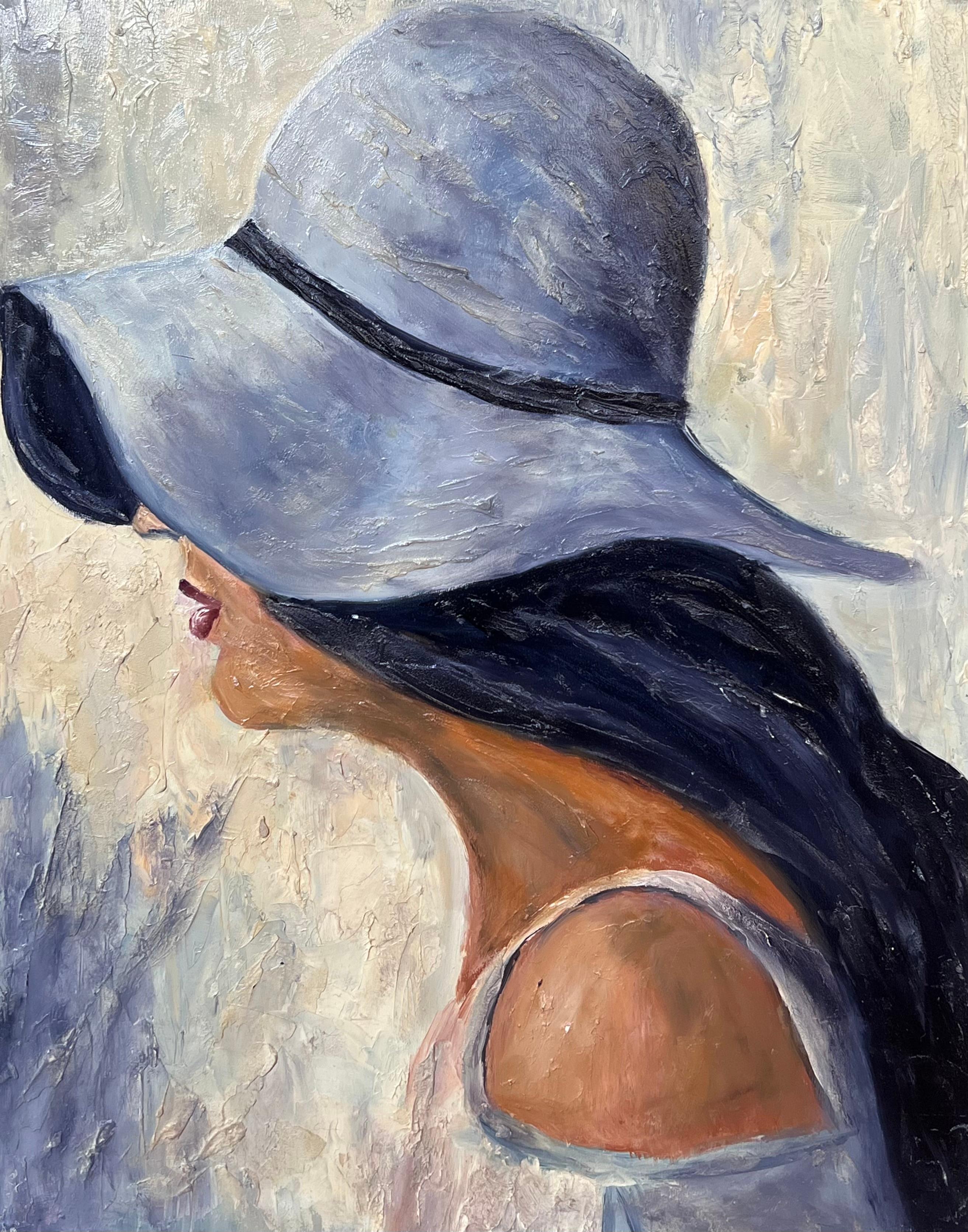 Pittura a olio francese del XX secolo Ritratto di profilo di donna con cappello lilla