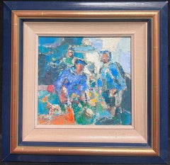 Huile post-impressionniste française du 20ème siècle signée « Fishermen in Blue Smocks »