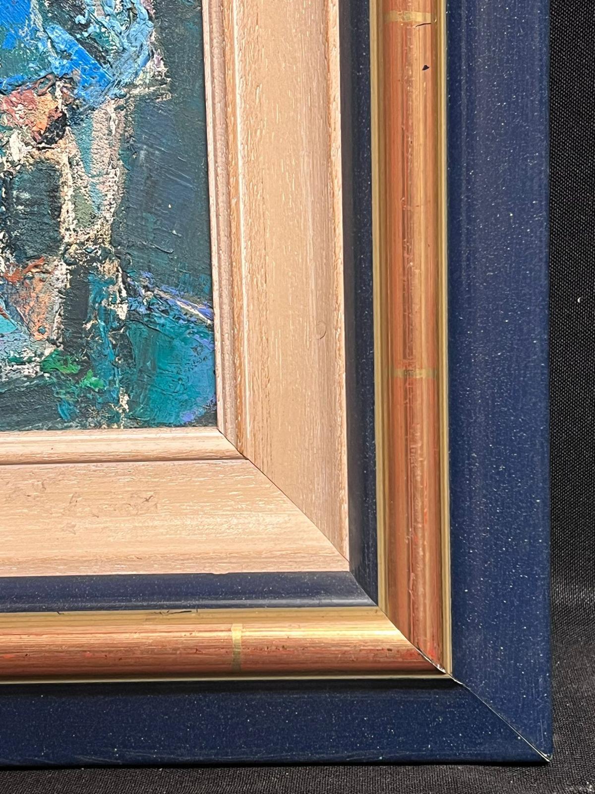 Pêcheurs en blouse bleue
Artistique post-impressionniste français, signé
20ème siècle
huile sur carton, encadrée
encadré : 14.5 x 15 pouces
planche : 11,5 x 11,5 pouces
provenance : collection privée, France
état : très bon et sain