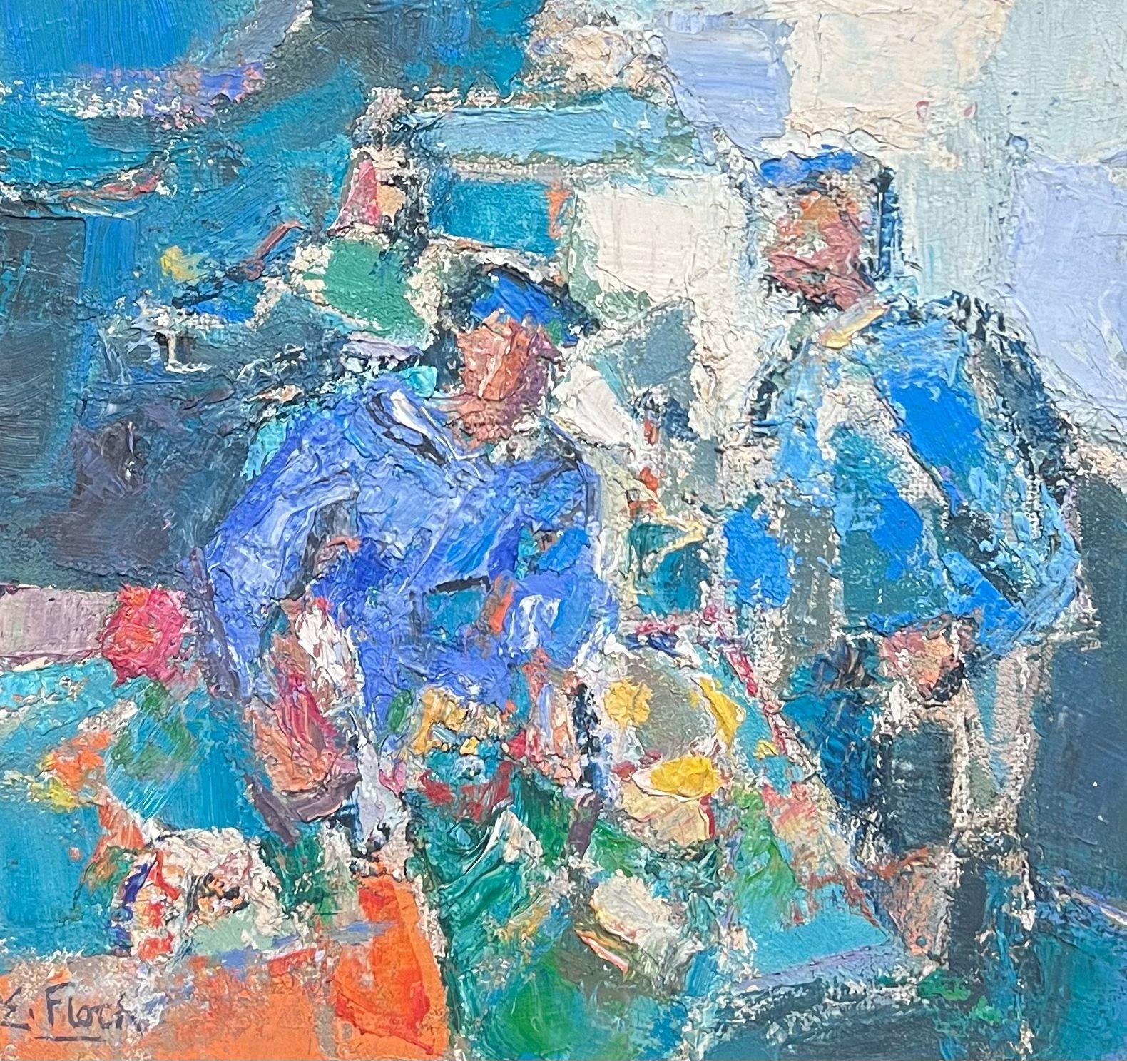 French School Abstract Painting - 20th Century French Post Impressionist Signed Oil Fishermen in Blue Smocks