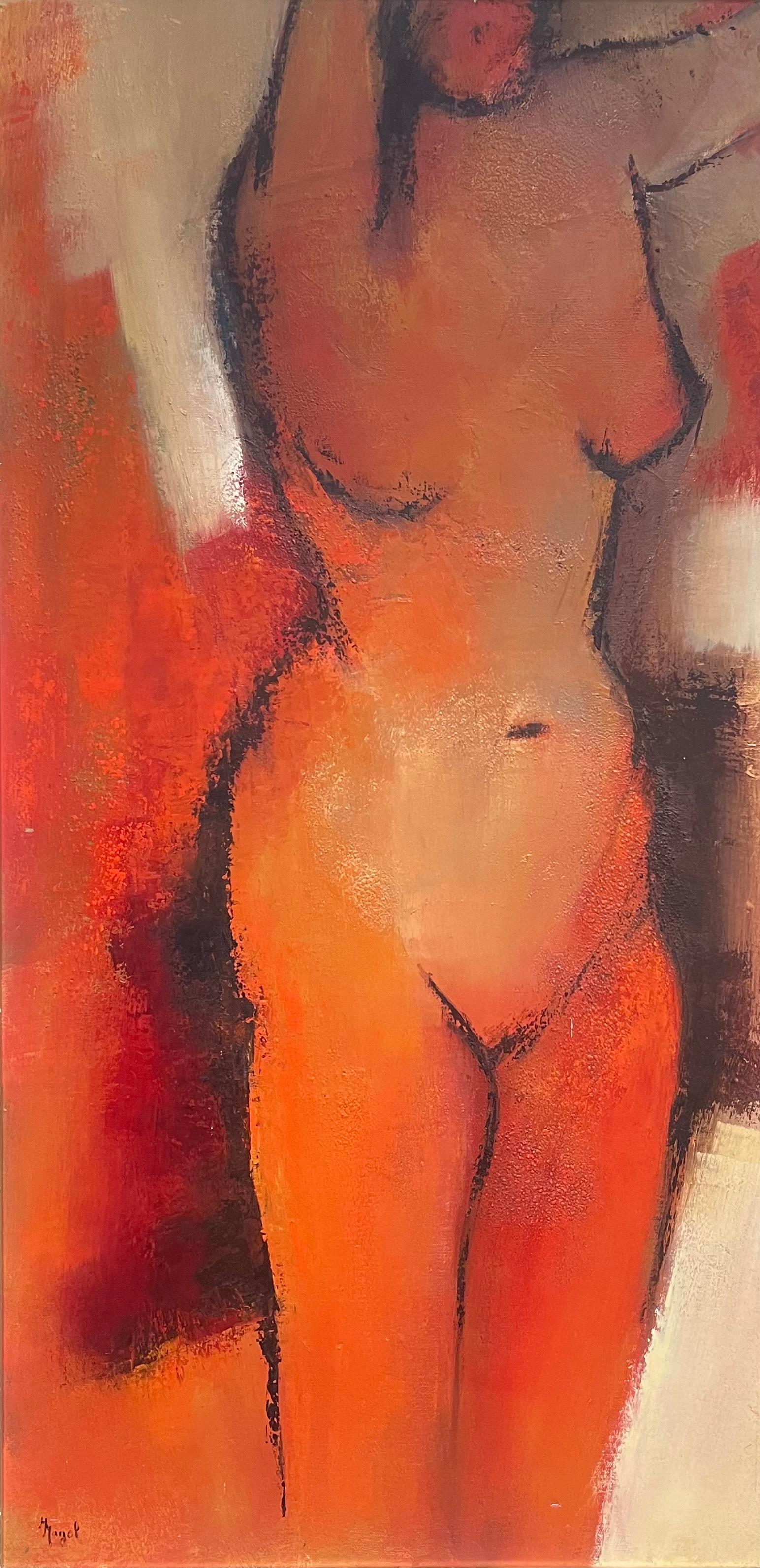 Abstract Female Nude in Fiery Hues Bold Expression of Form & Color French Oil - Abstract Expressionist Painting by French School
