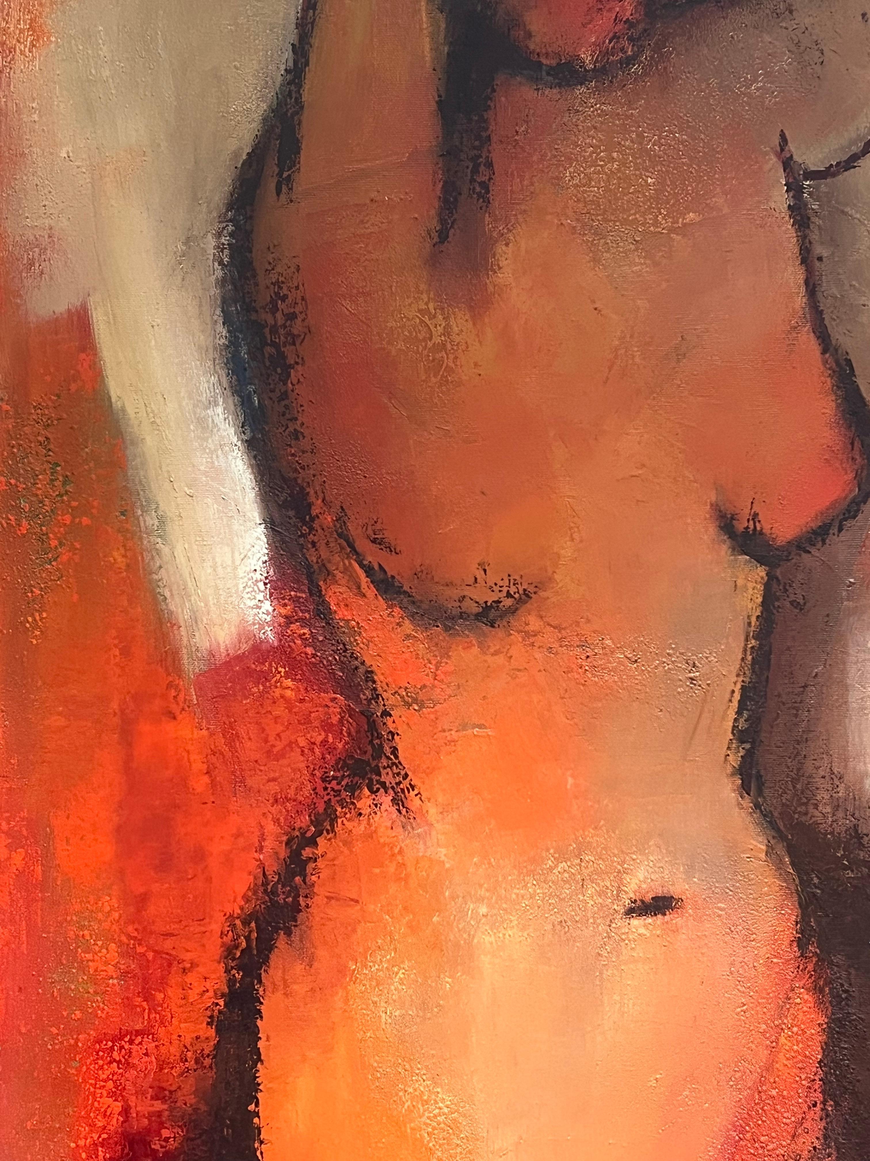 Abstract Female Nude in Fiery Hues Bold Expression of Form & Color French Oil - Orange Portrait Painting by French School