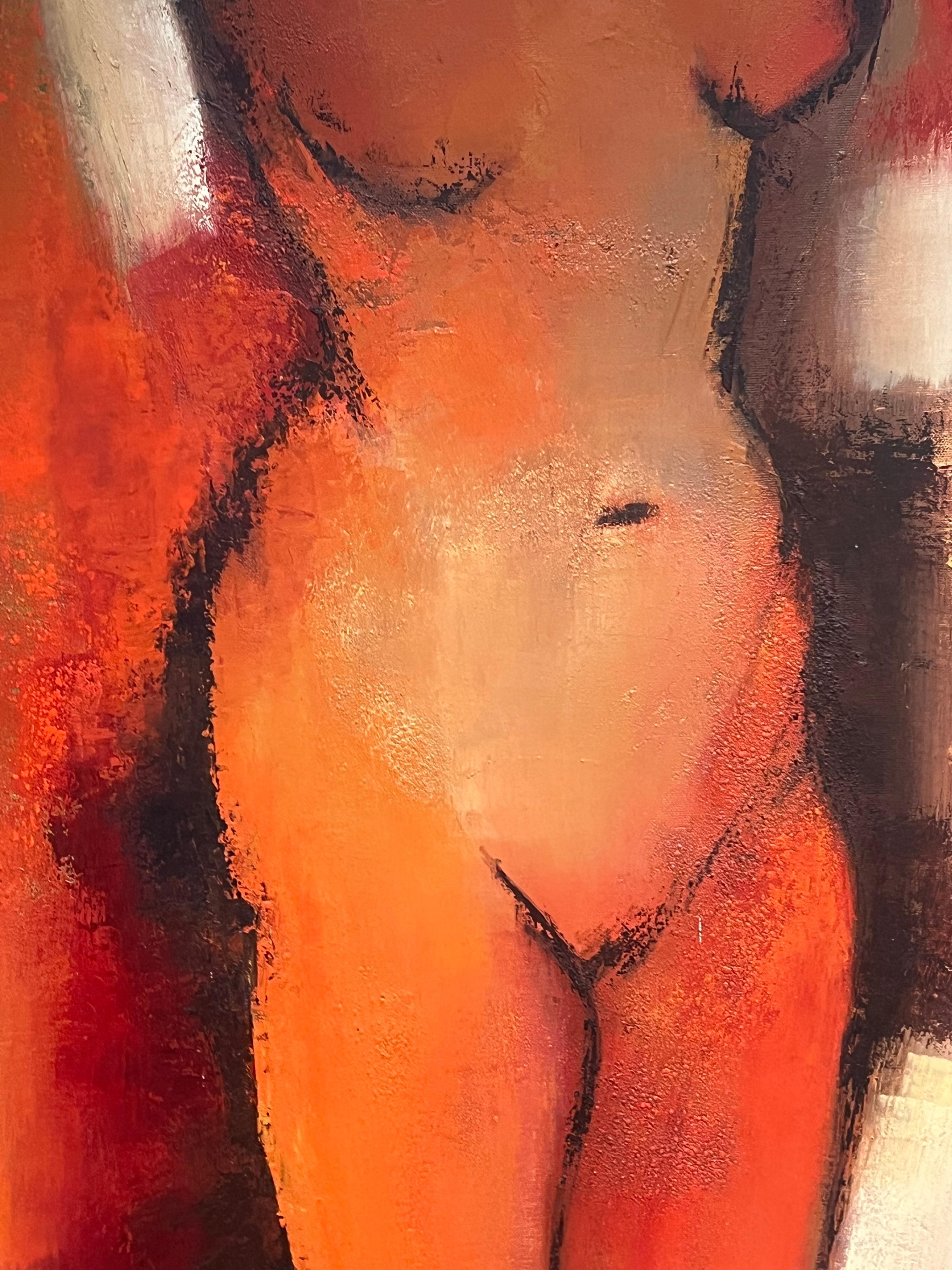 Abstract Female Nude 
French expressionist artist, second half 20th century
signed oil on canvas, framed
Framed: 45.5 x 26 inches
Canvas: 40 x 19.5 inches
Provenance: private collection, France
Condition: very good condition - small tear in canvas