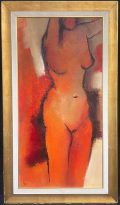 Abstract Female Nude in Fiery Hues Bold Expression of Form & Color French Oil