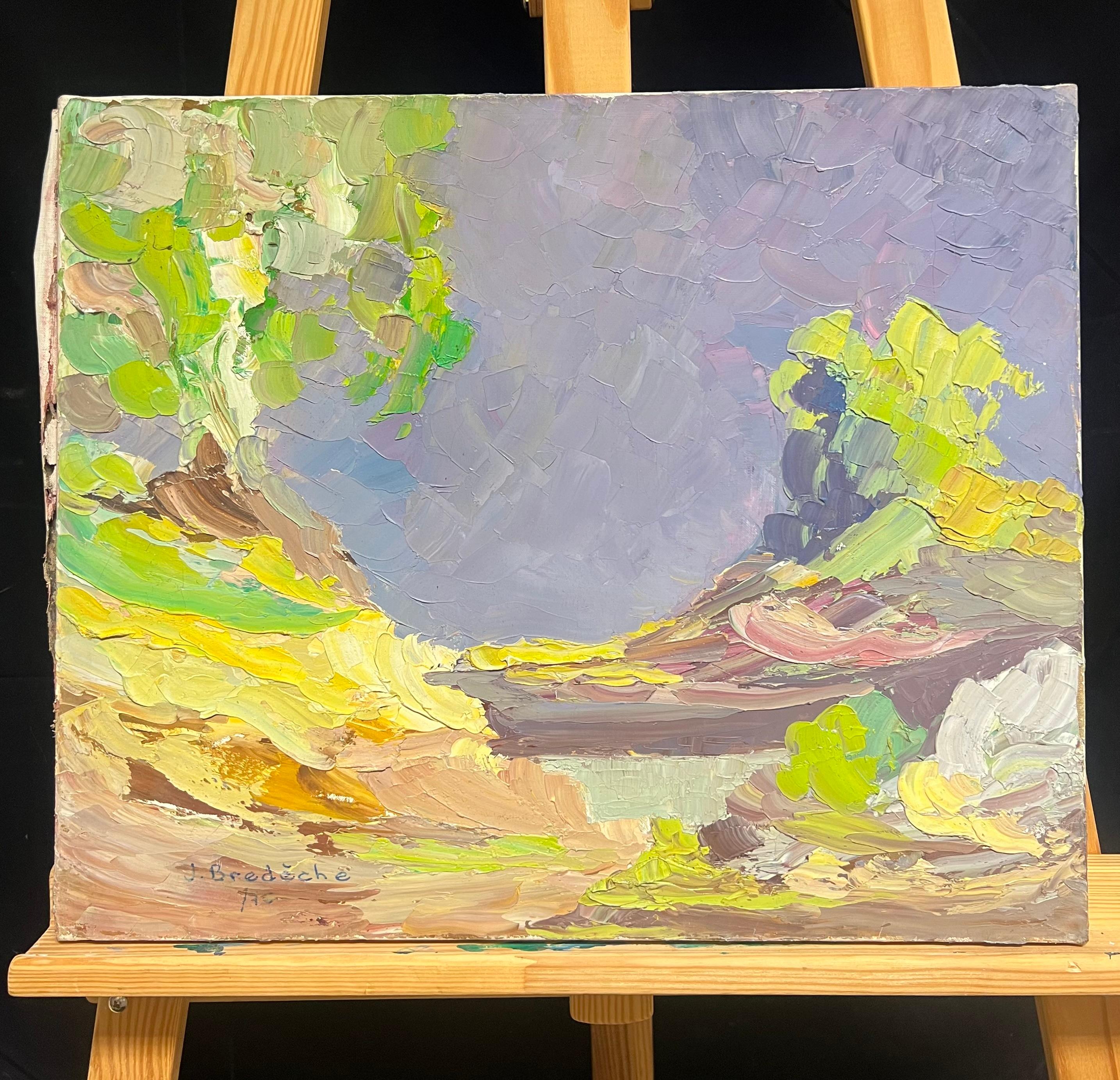 Paesaggio astratto con cielo tempestoso viola Pittura ad olio del 1970 con texture - Painting di French School