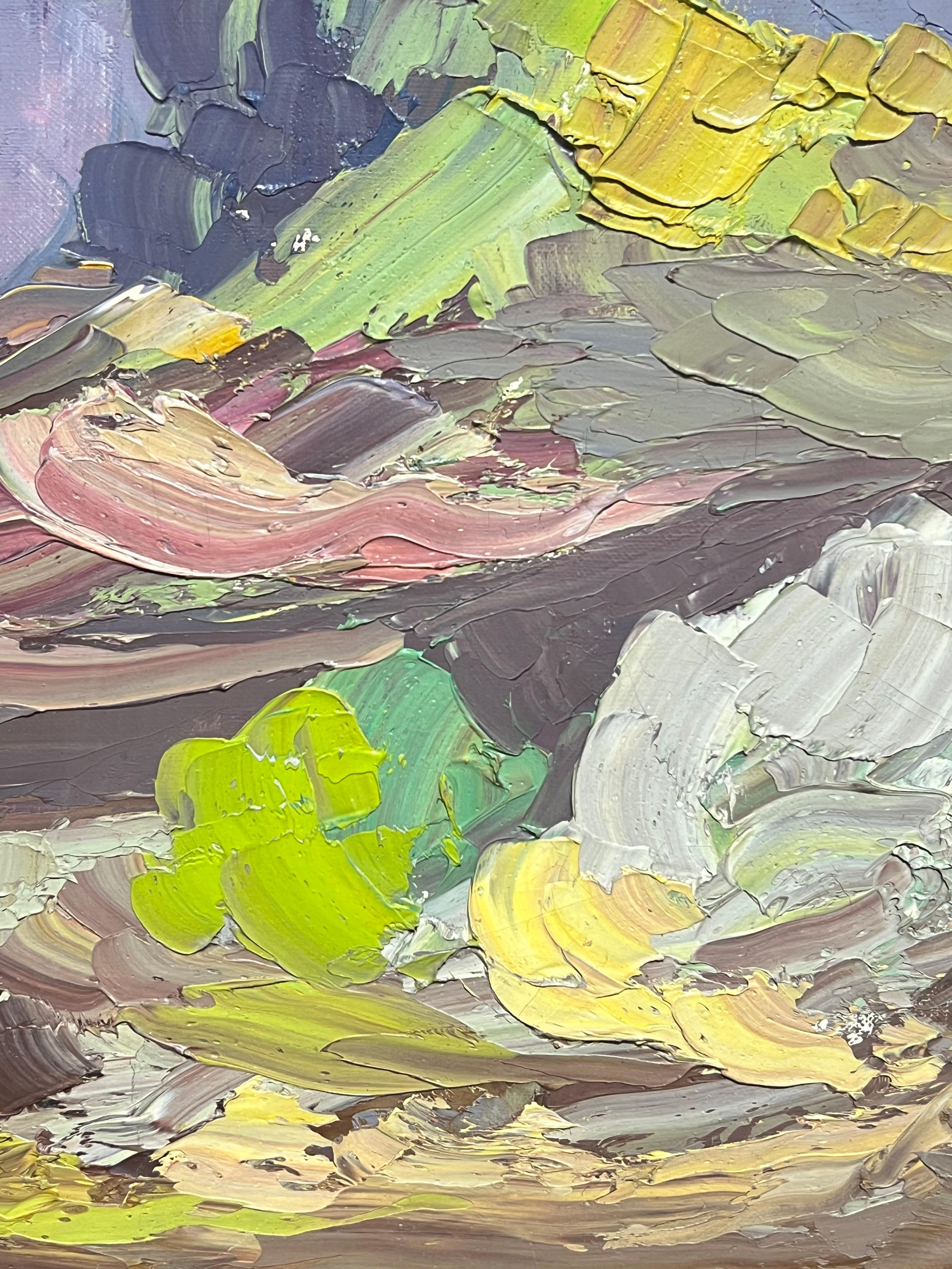 Paesaggio astratto con cielo tempestoso viola Pittura ad olio del 1970 con texture - Landscape Painting Beige di French School