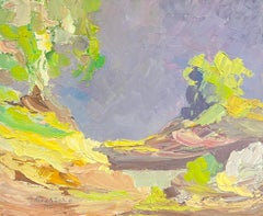Paesaggio astratto con cielo tempestoso viola Pittura ad olio del 1970 con texture