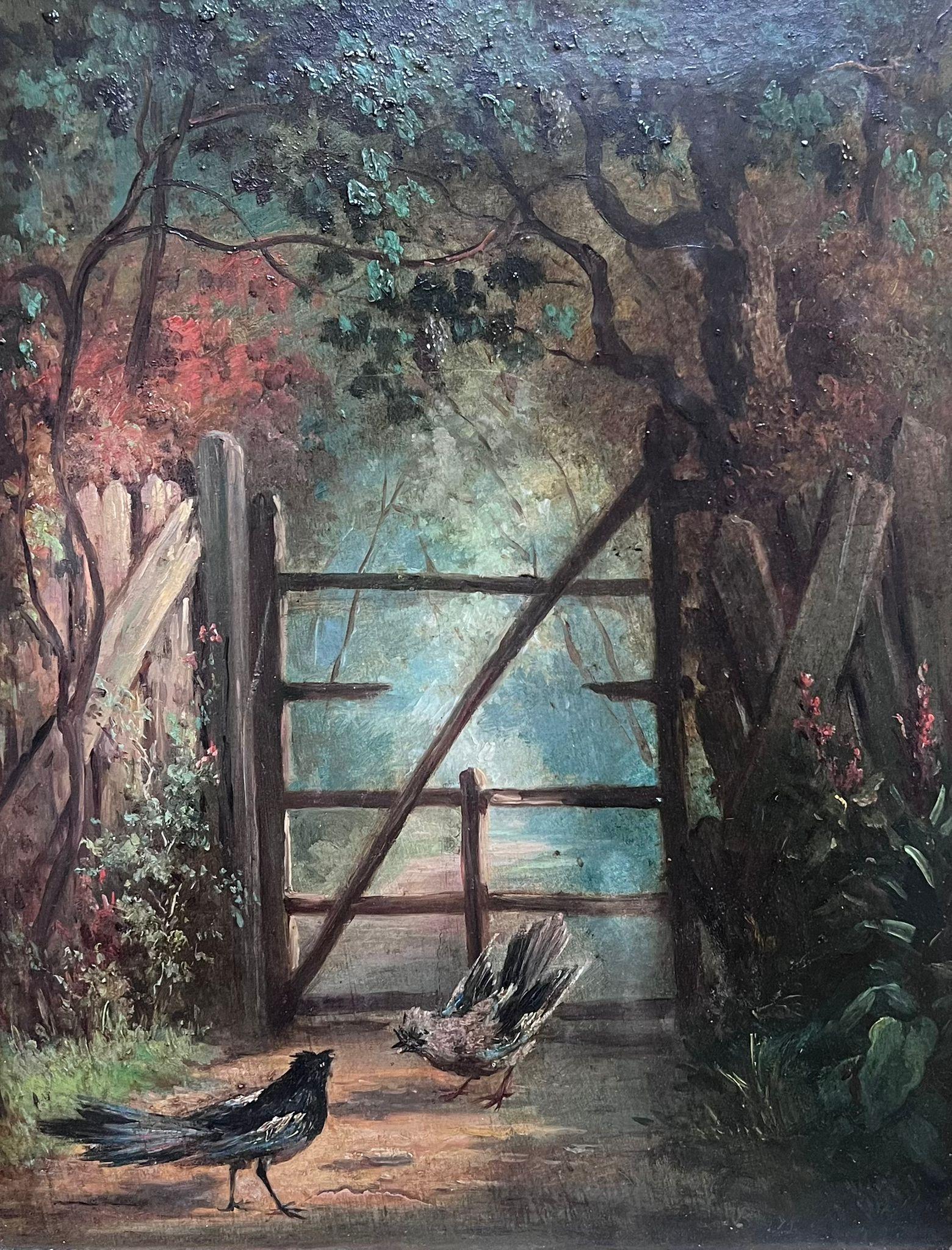 Antike 19. Jahrhundert Französisch Ölgemälde Vögel in Country Lane's Wooded Landschaft – Painting von French School