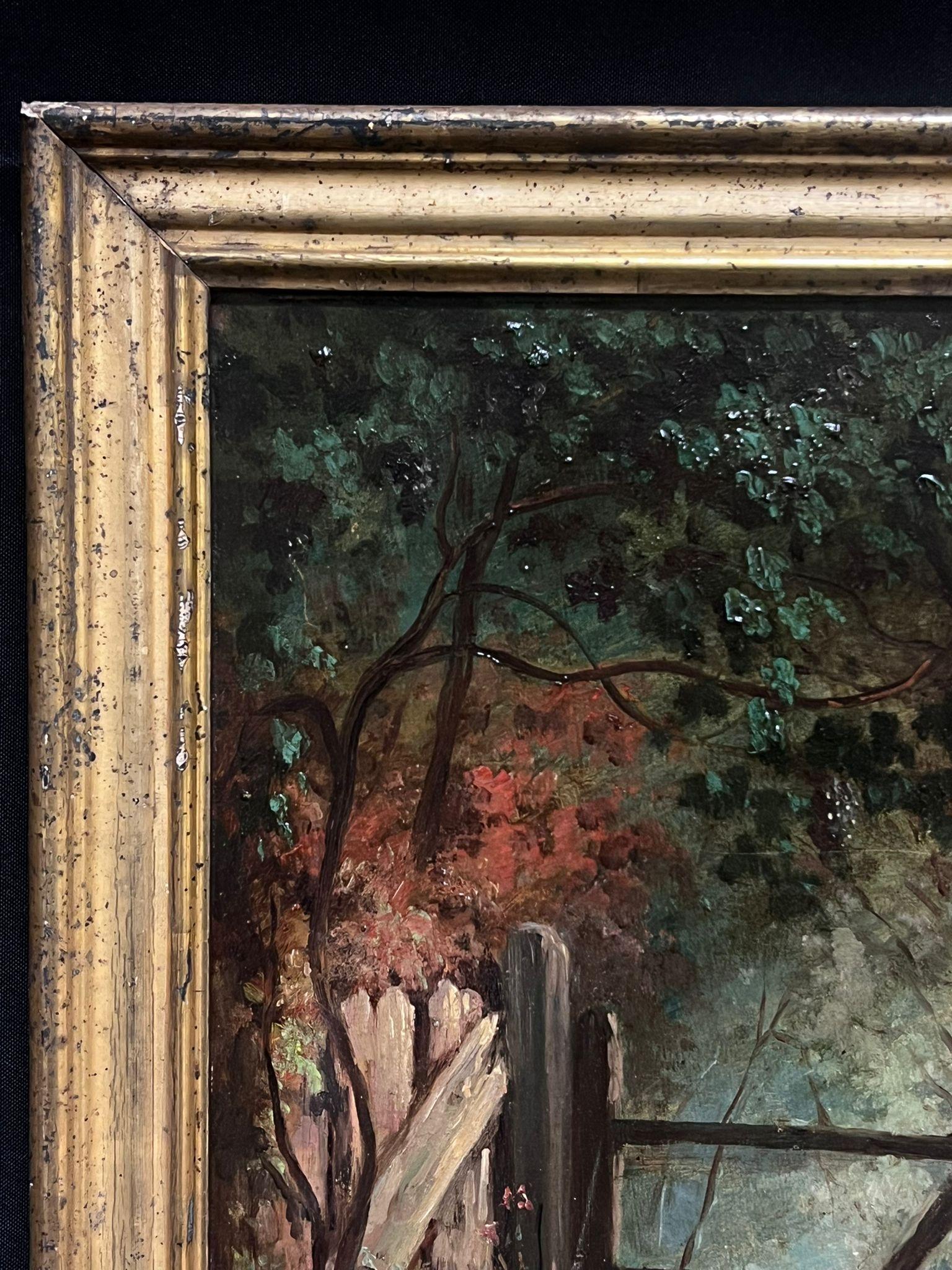 Antique 19th Century French Oil Painting Birds in Country Lane Wooded Landscape For Sale 2