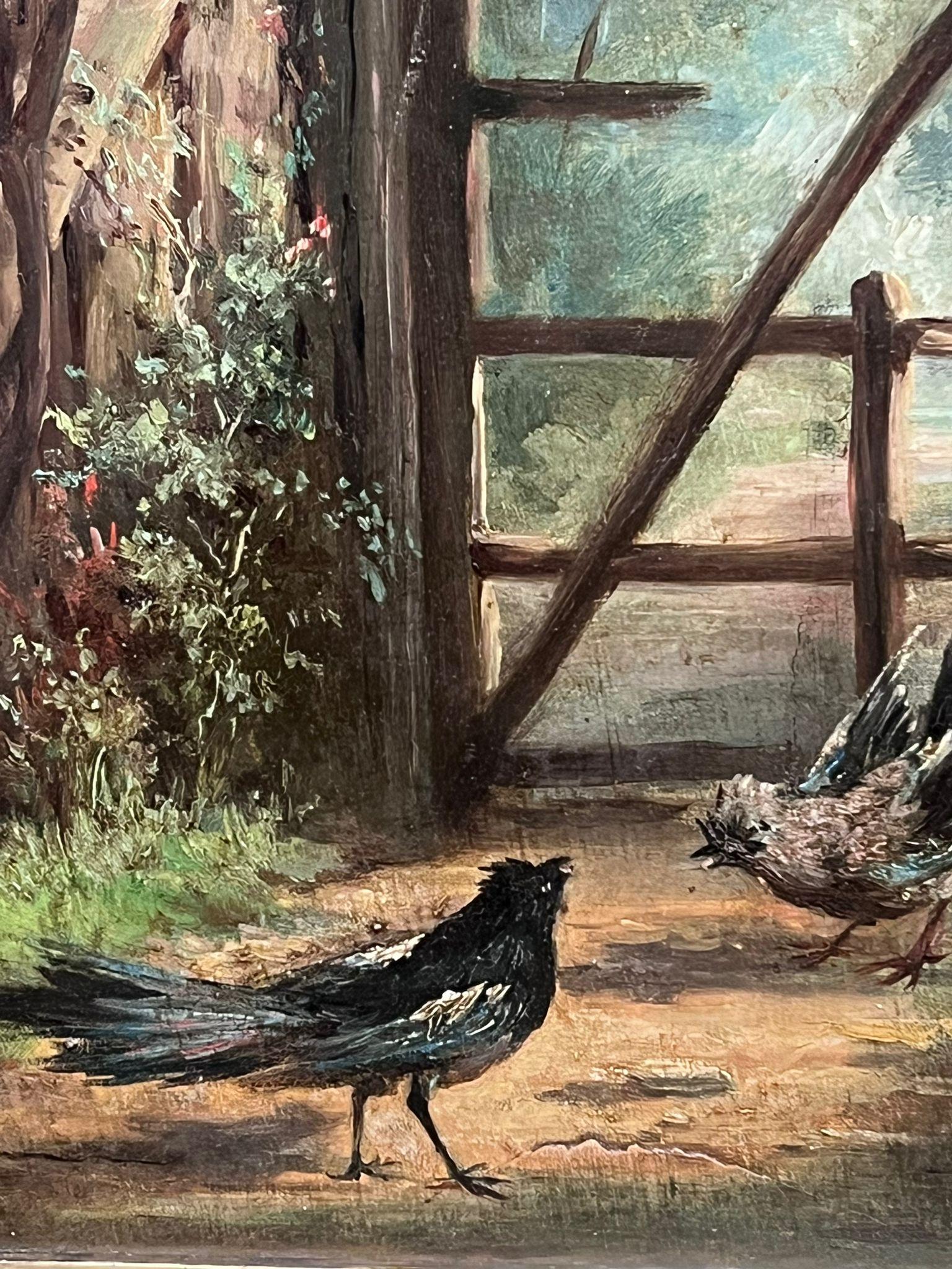 Antike 19. Jahrhundert Französisch Ölgemälde Vögel in Country Lane's Wooded Landschaft im Angebot 1
